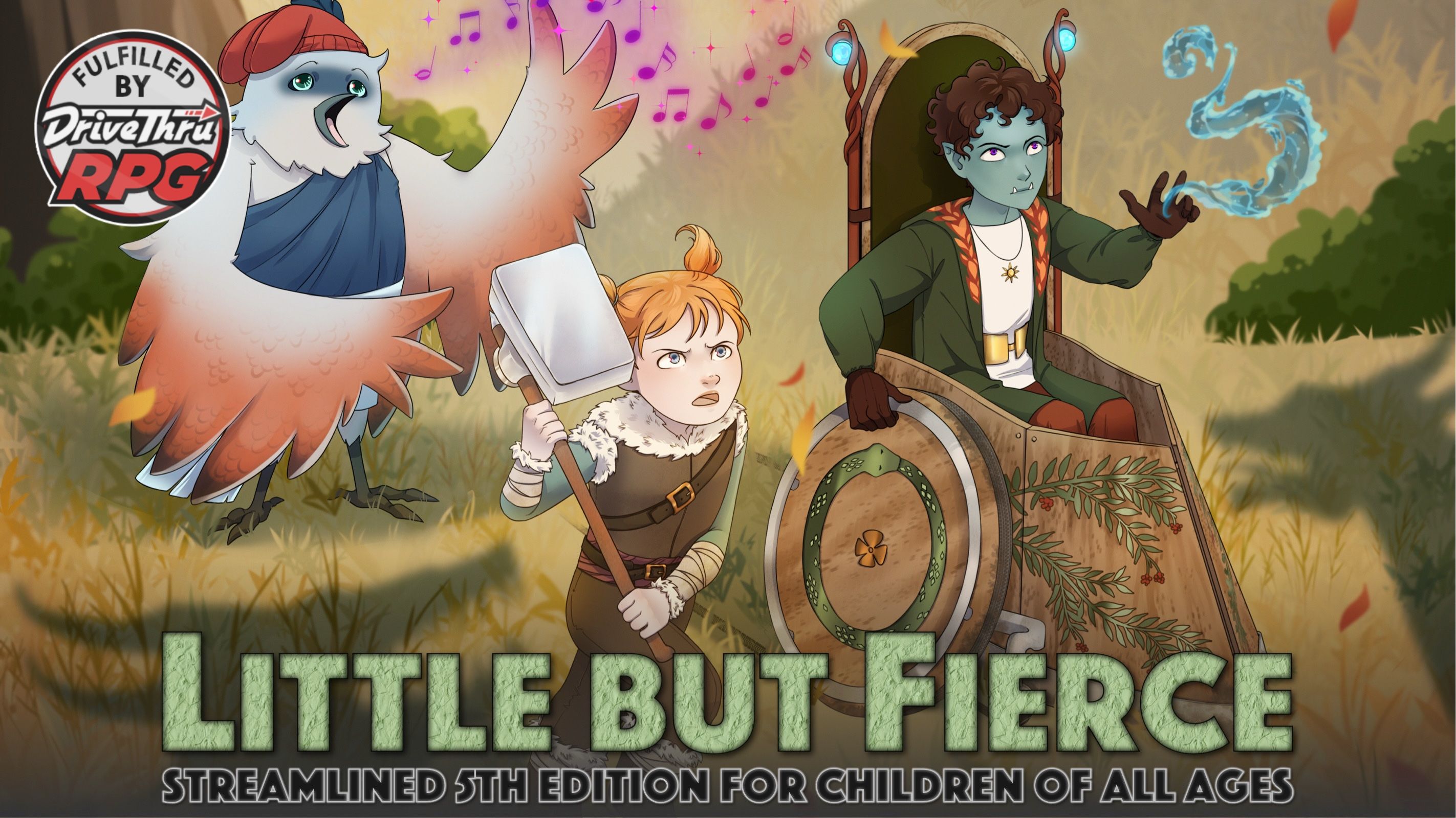 A bird person, a girl with a big hammer, and a young orc in a wheelchair are the adventurers in Little But Fierce