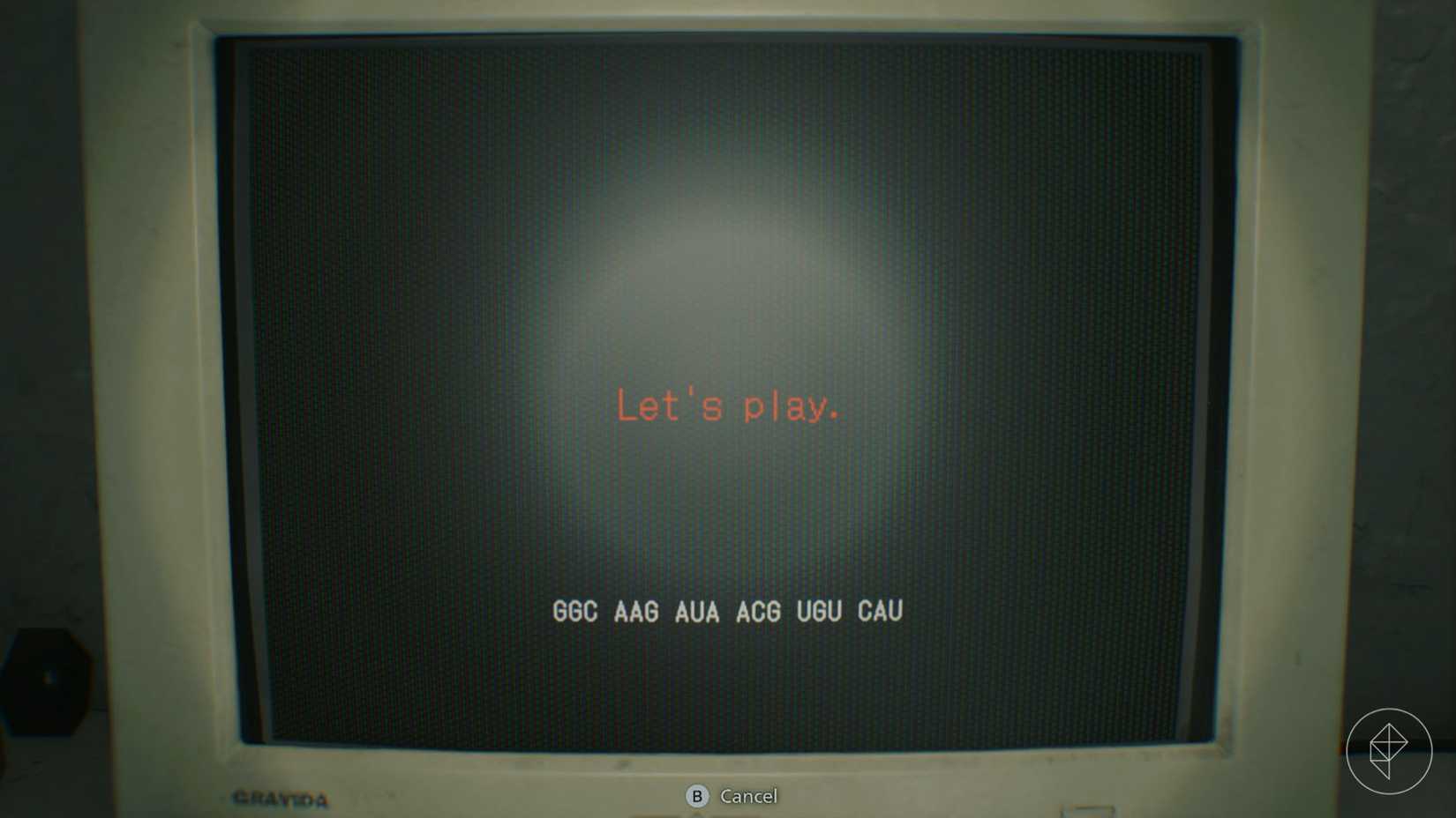 A monitor displaying the "Let's play" code in Resident Evil Requiem.