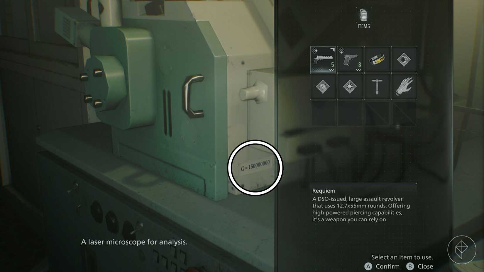 The code for the letter G found on the side of the laser microscope in the Blood Lab in Resident Evil Requiem.