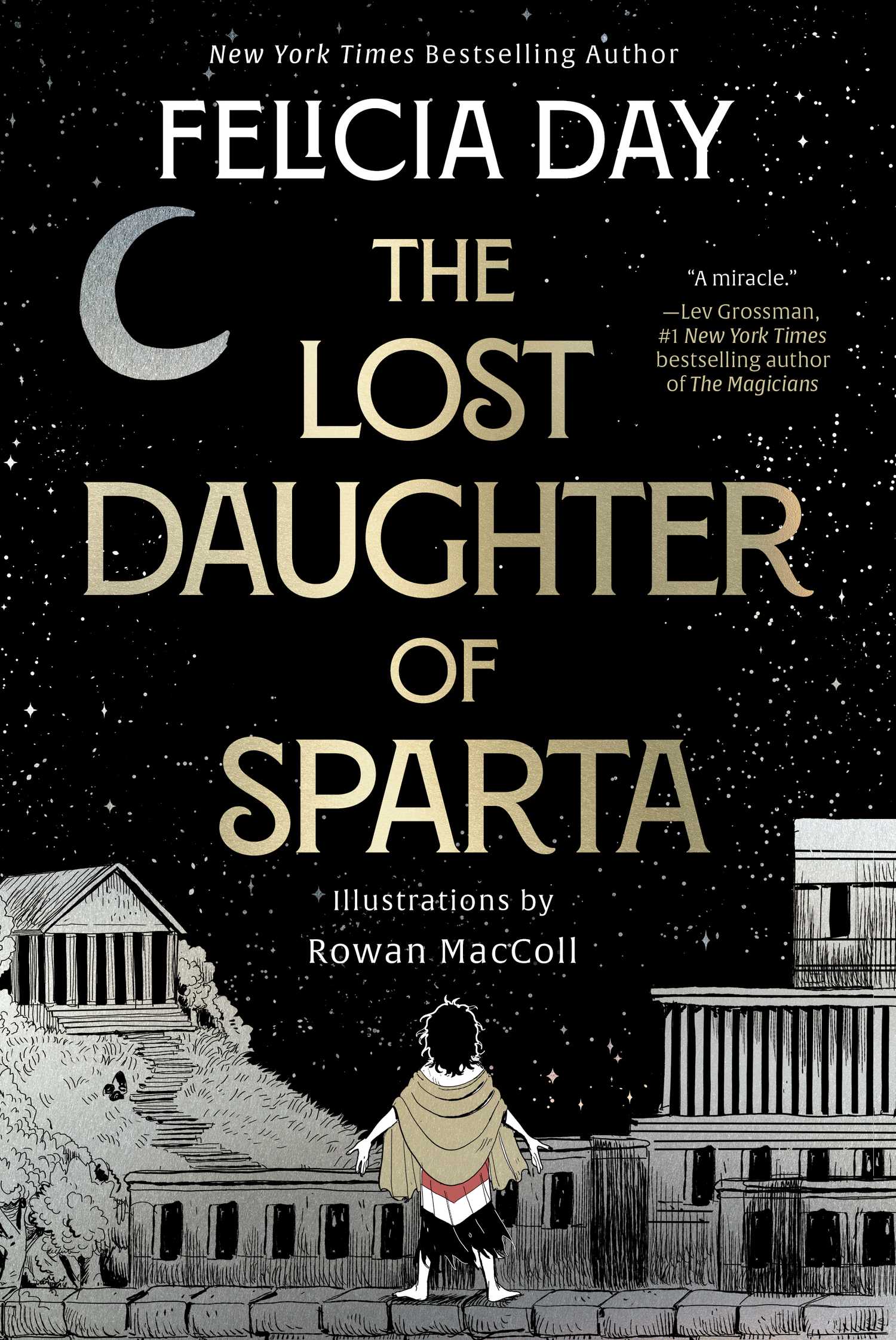 The book cover for Felicia Day's graphic novel The Lost Daughter of Sparta, featuring a dark-haired woman in a brown shawl, back to the viewer, raising her hands by her sides while looking out over a Greek city at night