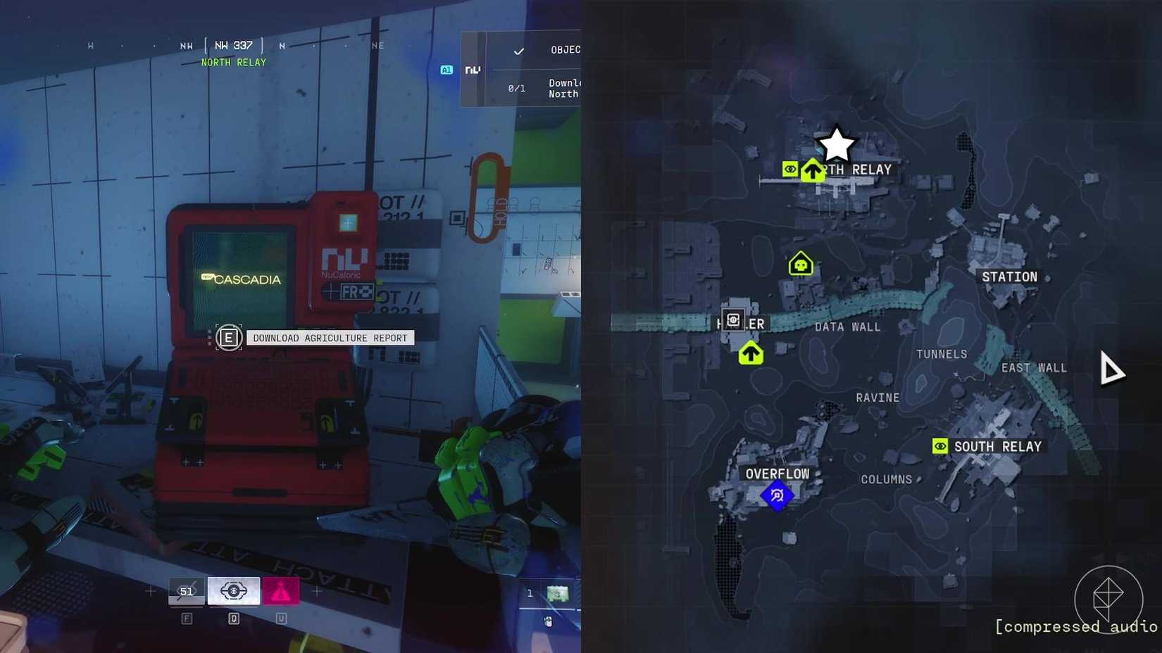 The left-hand side of the image shows the player in Marathon downloading the agriculture report while the right-hand side shows the location of it marked on the in-game map with a star.