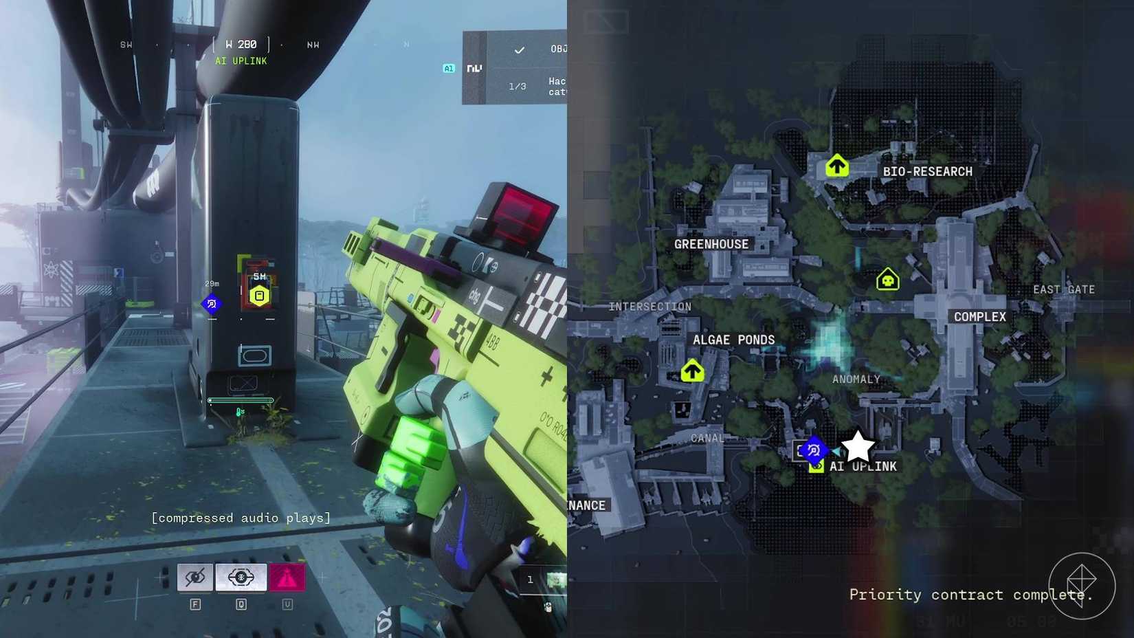 The left-hand side of the image shows the player on the catwalk at AI Uplink in Marathon with the objective in front of them while the right-hand side of the image shows the location marked on the in-game map with a star icon.