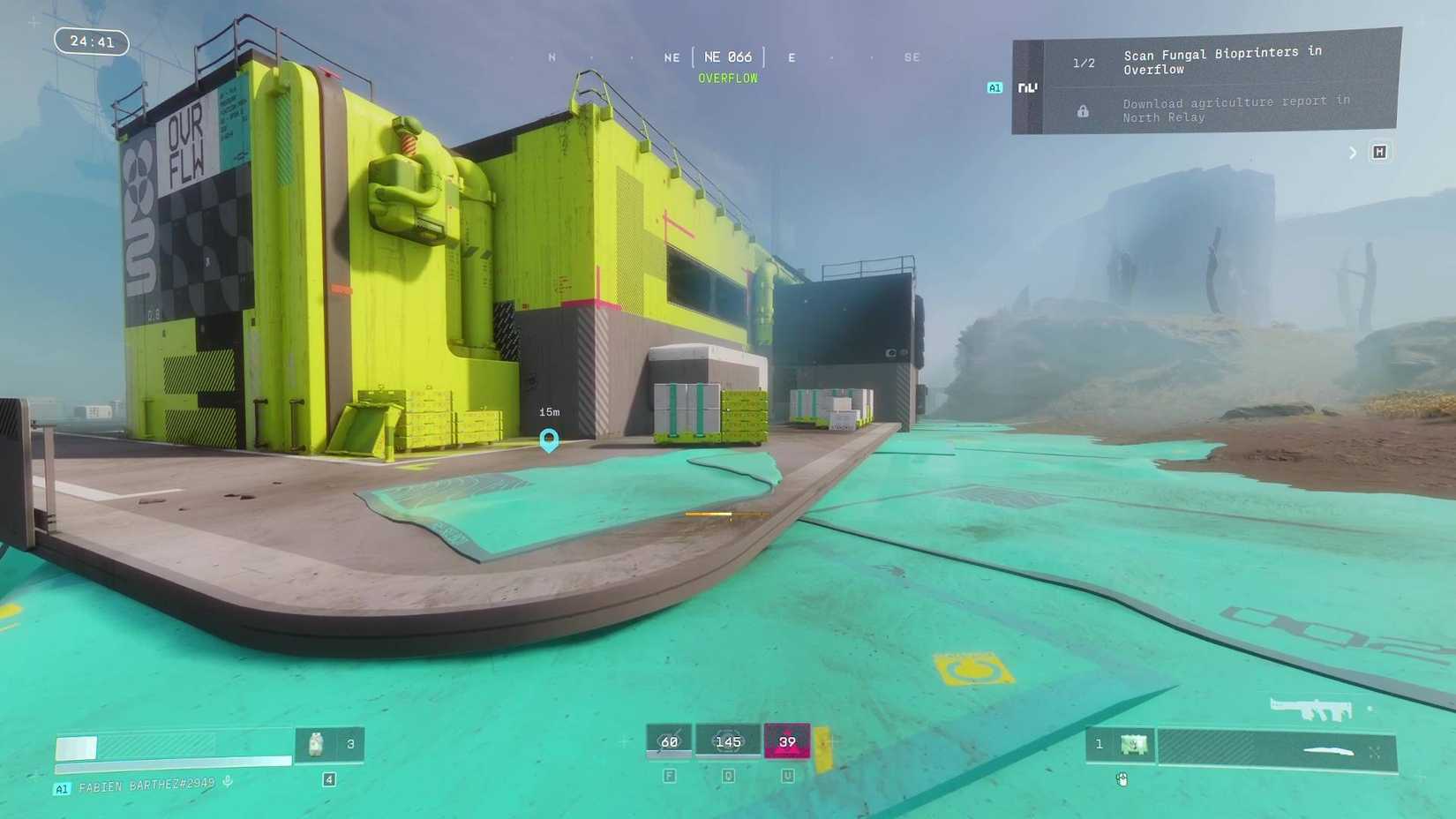 The player in Marathon looking at the Overflow building that holds one of the fungal bioprinters.