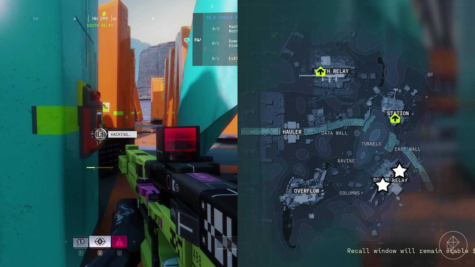 The left-hand side of the image shows the player in Marathon hacking a data repository while the right-hand side of the image shows both locations at South Relay marked on the in-game map.