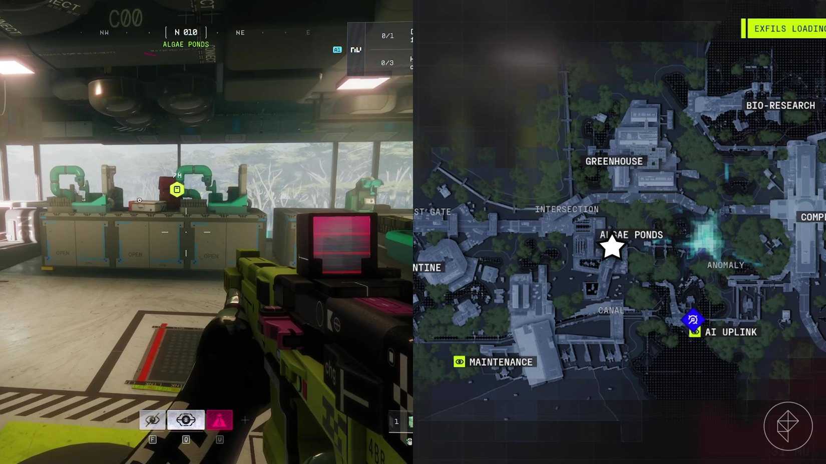 The left-hand side of the image shows the player in the room with the objective to download the harvest logs in Marathon while the right-hand side of the image shows the location marked on the in-game map with a star.