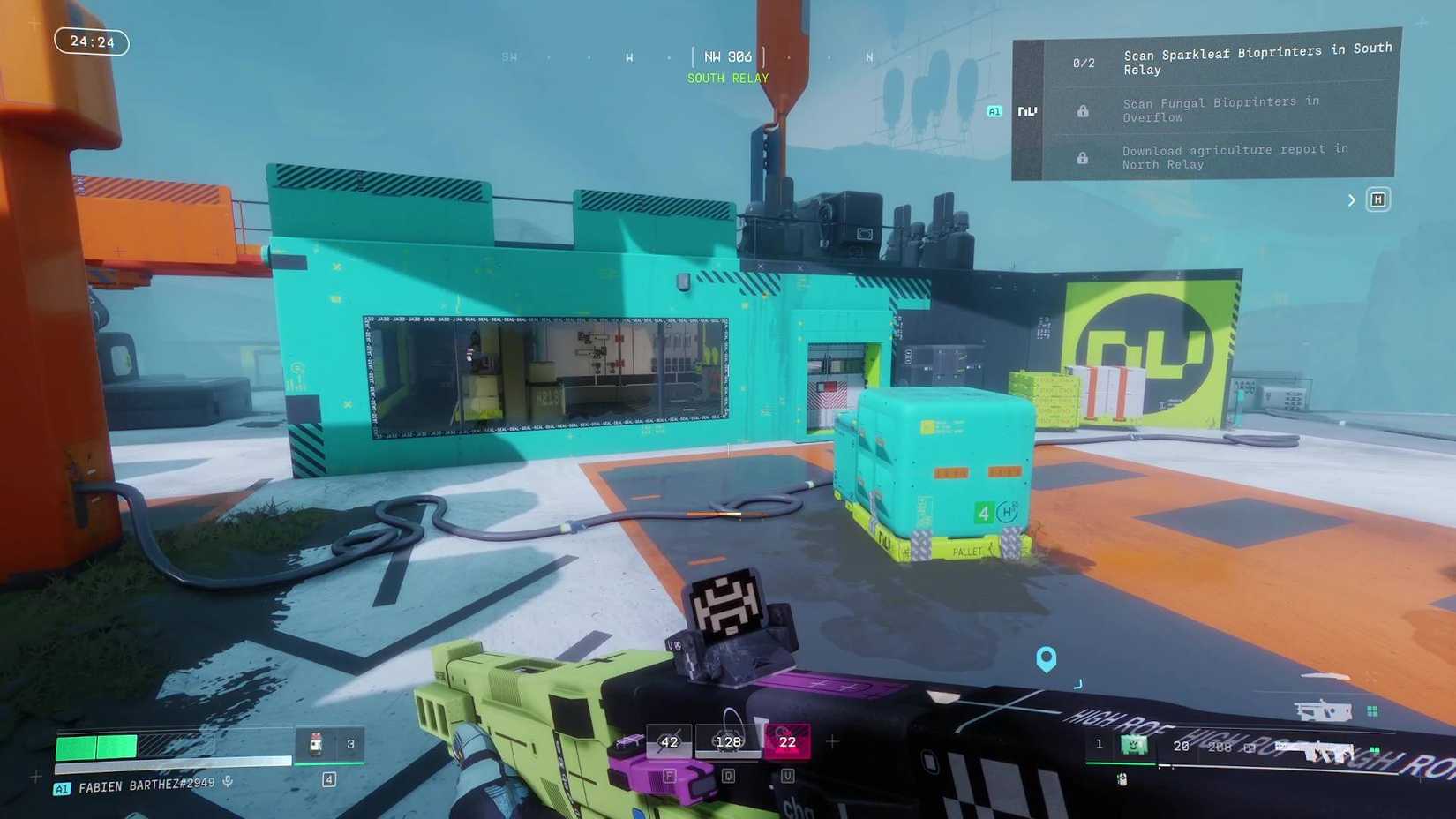 The player in Marathon running towards the building at South Relay that holds one of the sparkleaf bioprinters.