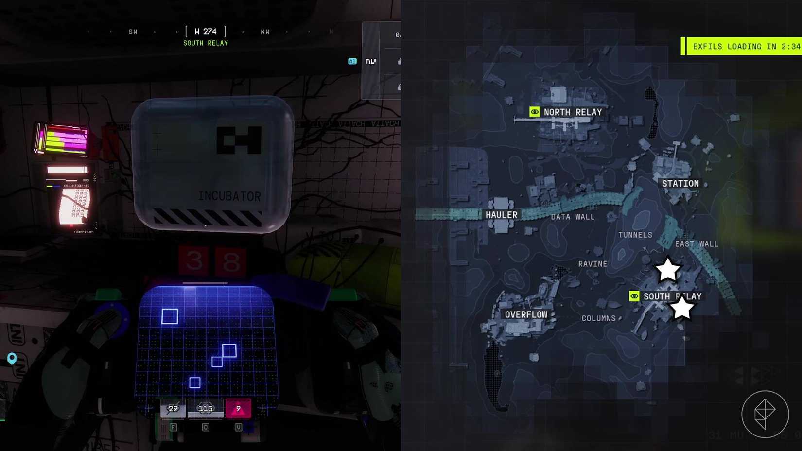 The left-hand side of the image shows the player in Marathon scanning one of the sparkleaf bioprinters while the right-hand side shows the location of both bioprinters marked on the in-game map with star icons.
