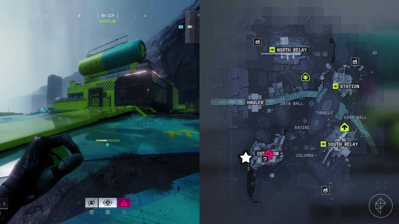 An image showing both the building the DCON can be found atop and the location of the building marked on the in-game map.
