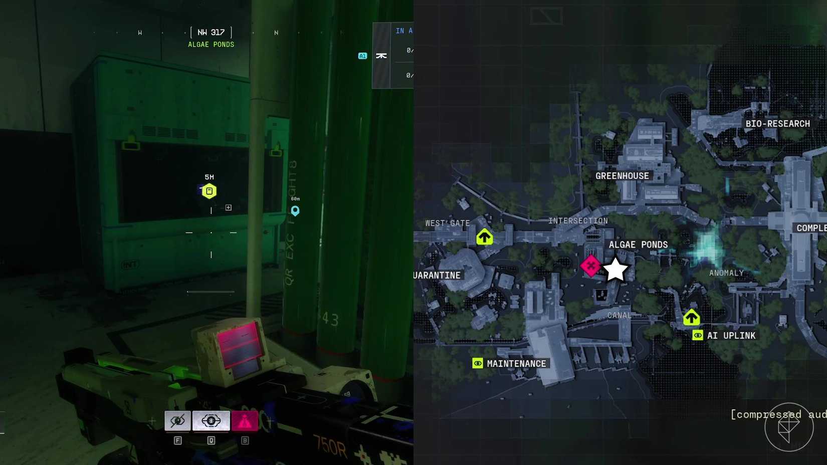 The terminal the player must interact with in Marathon is on the left-hand side and the location of it is marked on the in-game map on the right-hand side with a star.