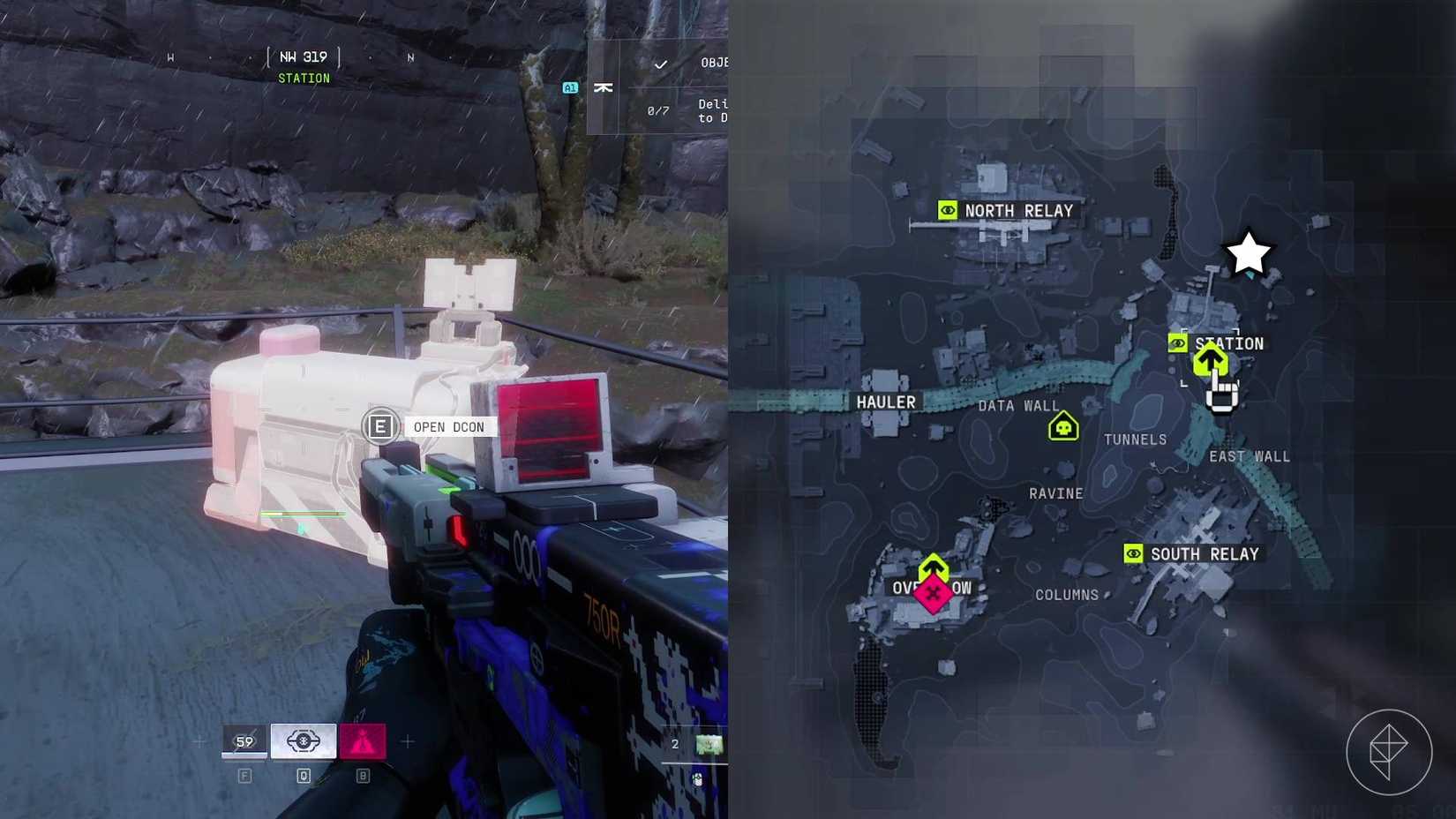 The left-hand side of the image shows the player next to the DCON while the right-hand side shows the location marked on the in-game map in Marathon.