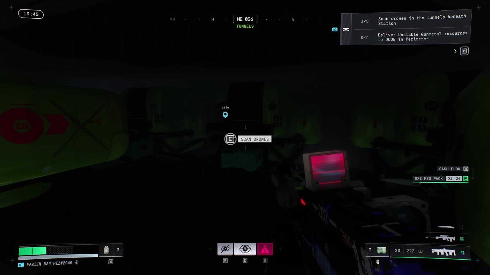 The player standing in front of a drone they must scan for the quest in Marathon.