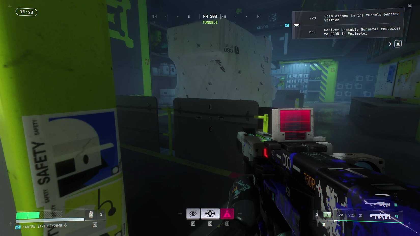 The player in Marathon looking at the white tarpaulin they need to climb to find the final drone in Marathon.