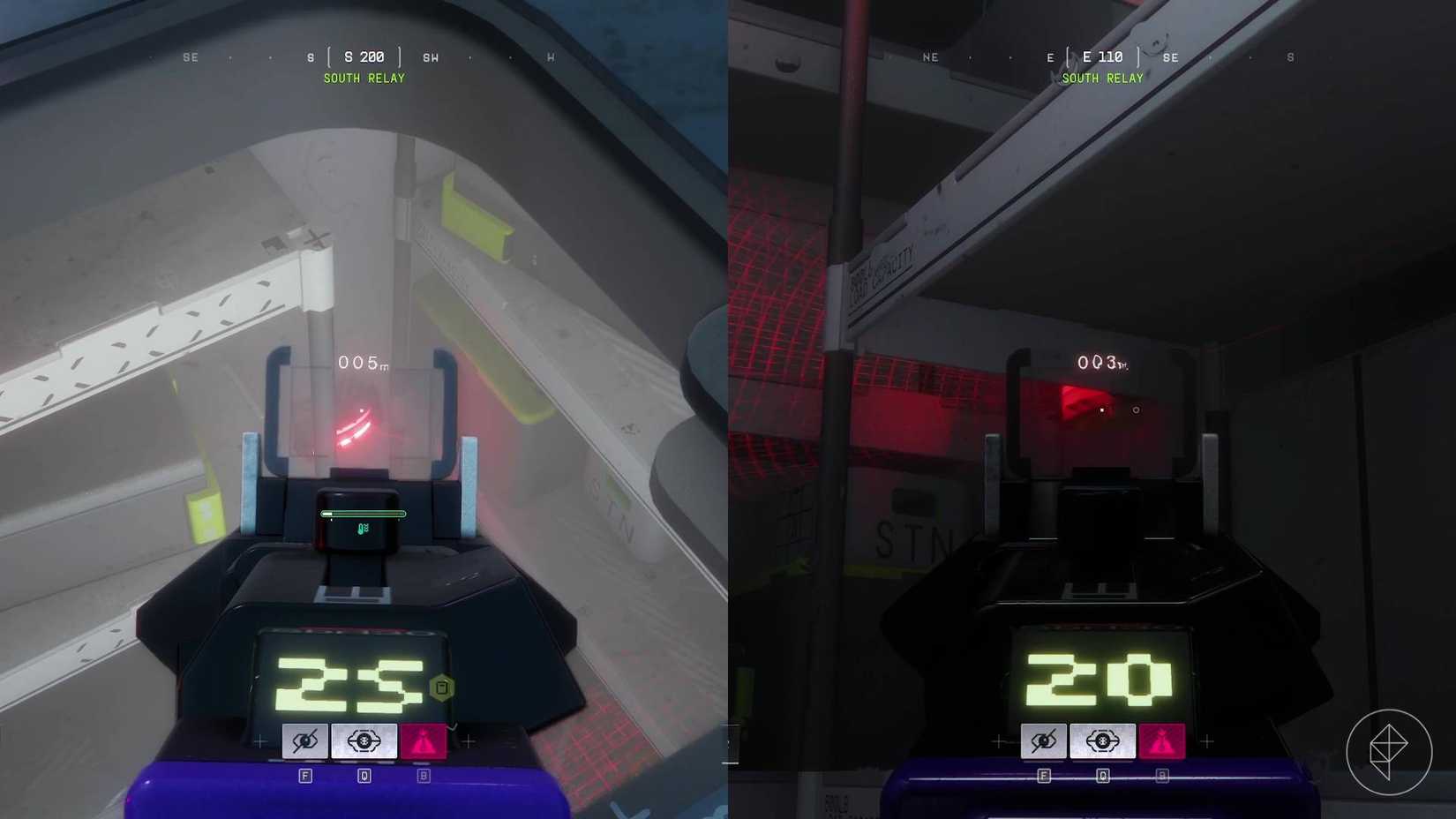 A split image showing the player aiming at the two claymores they need to shoot.