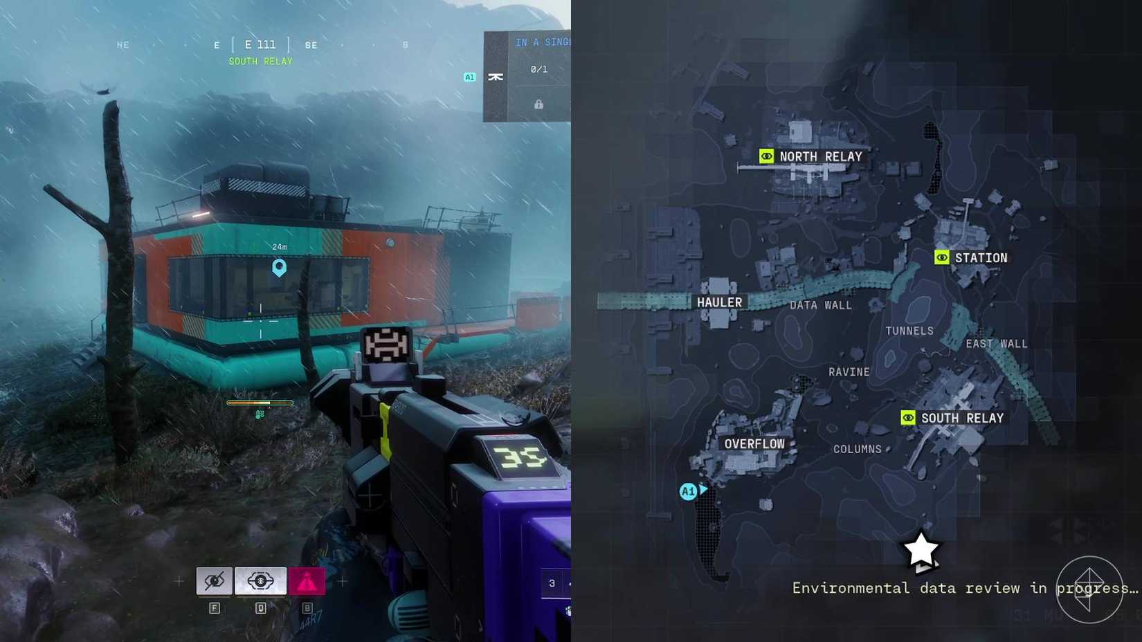 The left-hand side of the image shows the player standing in front of the building with the required terminal inside in Marathon while the right-hand side of the image shows the location marked on the in-game map with a star.