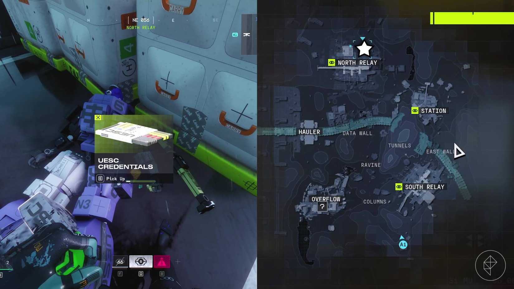 The UESC credentials item in Marathon and the location of the Commander marked on the in-game map with a star.