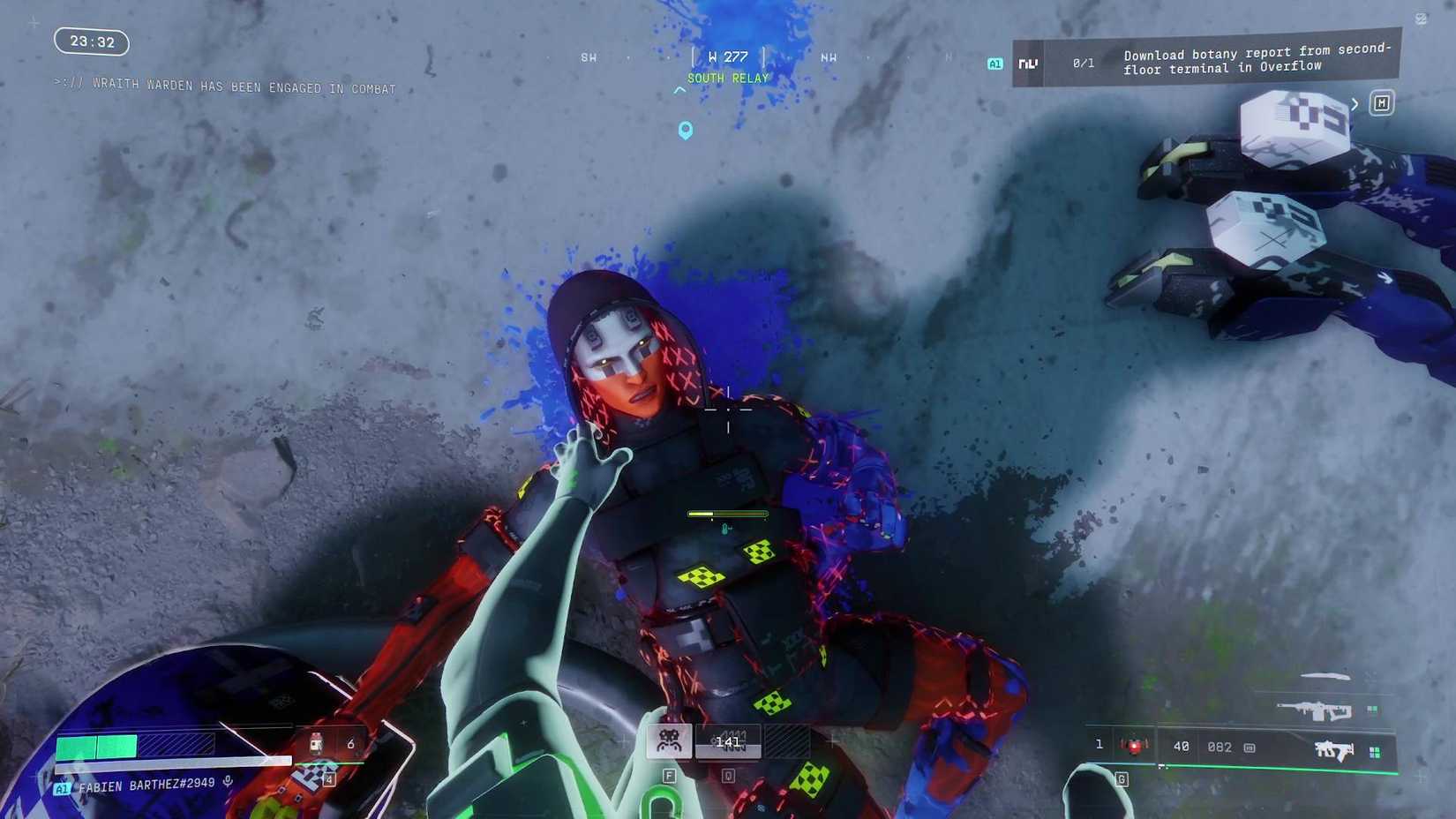 The player in Marathon about to execute a downed enemy on the floor.