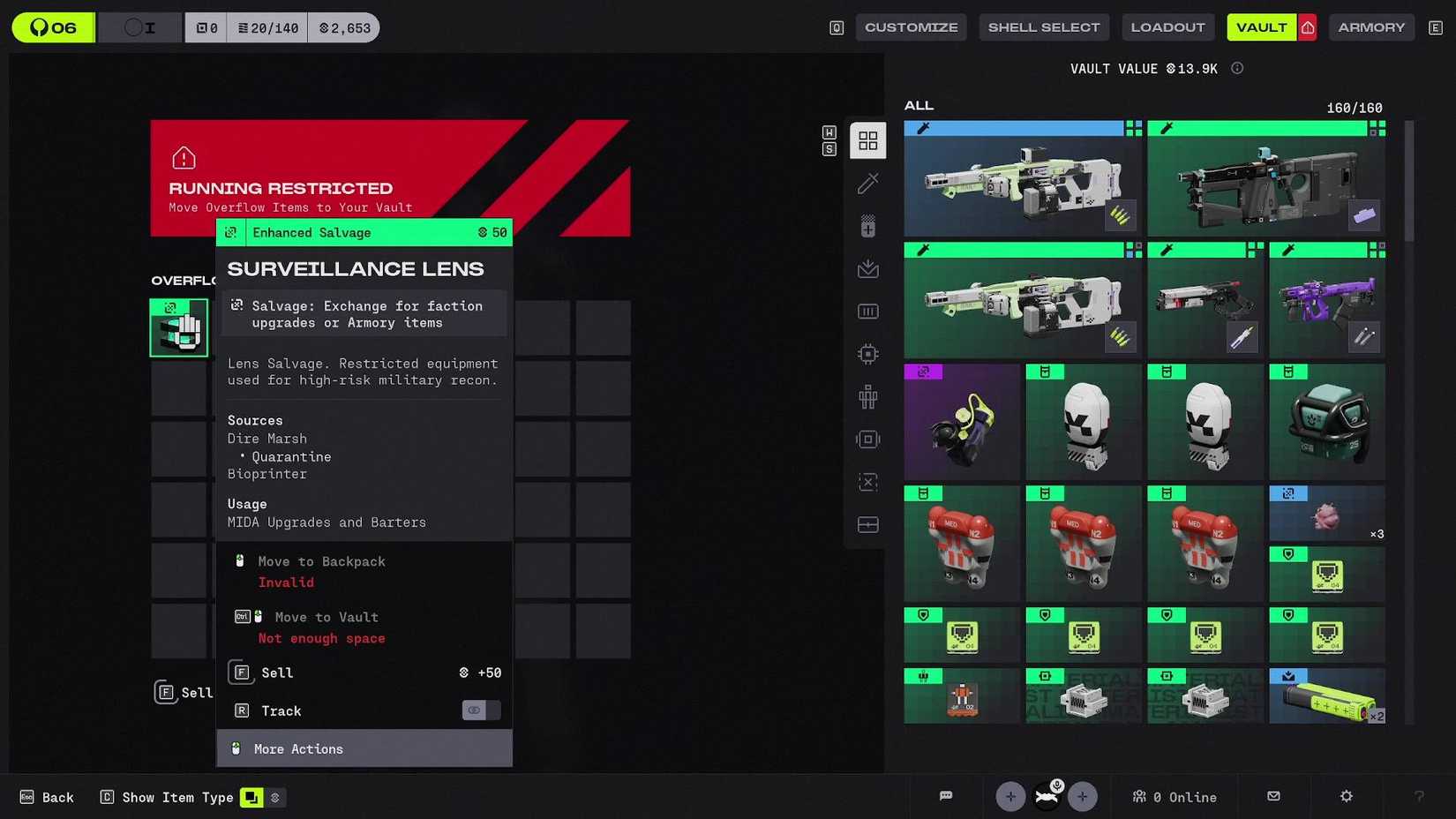 A screenshot of the vault overflow screen in Marathon.