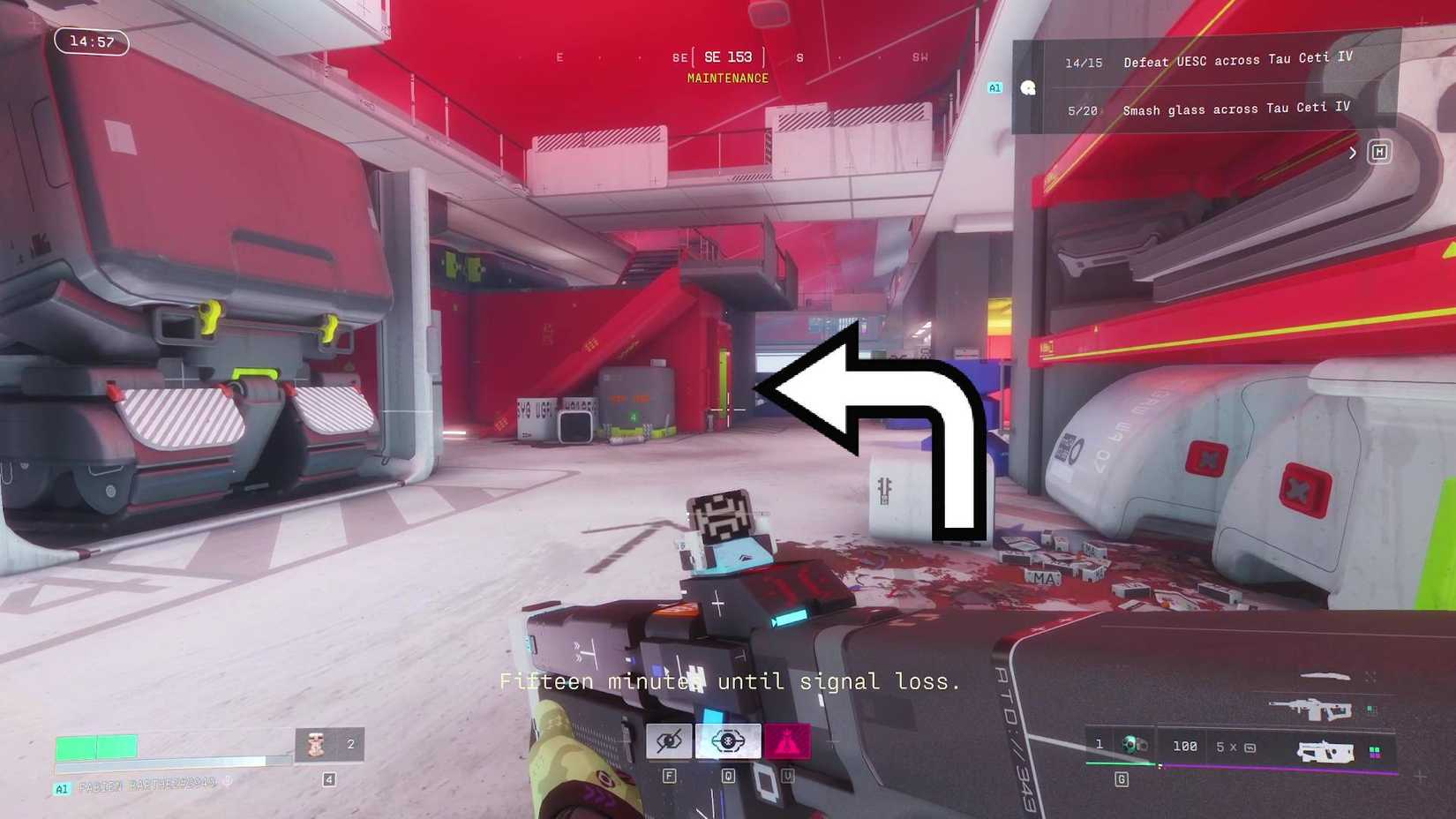 The player running towards the door that requires the Maintenance Pump key in Marathon with a curved arrow overlaid to show the reader where to go exactly.