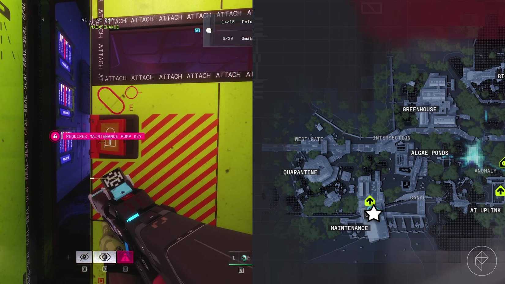 The left-hand side of the image shows the player in Marathon opening the Maintenance Pump room with the key while the right-hand side of the image shows the location marked on the in-game map with a star icon.