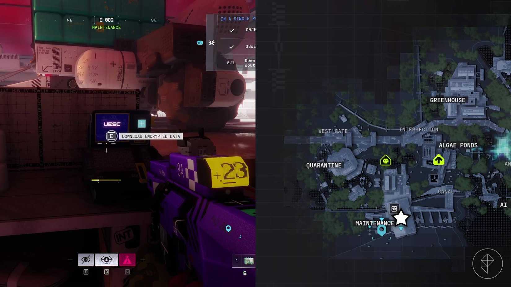 The left-hand side of the image shows the player standing in front of the terminal with the data they need to download in Marathon while the right-hand side of the image shows the location marked on the in-game map.