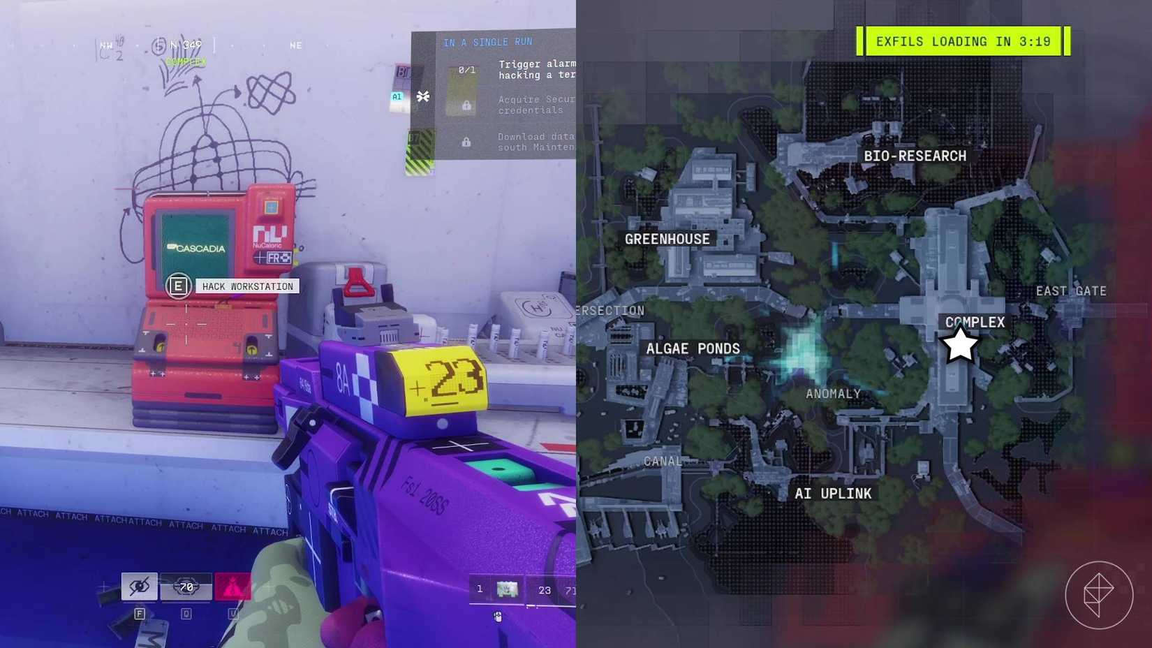 The left-hand side of the image shows the player standing in front of the terminal they need to hack for the Order/Chaos contract in Marathon while the right-hand side shows the location of the terminal marked with a star on the in-game map.