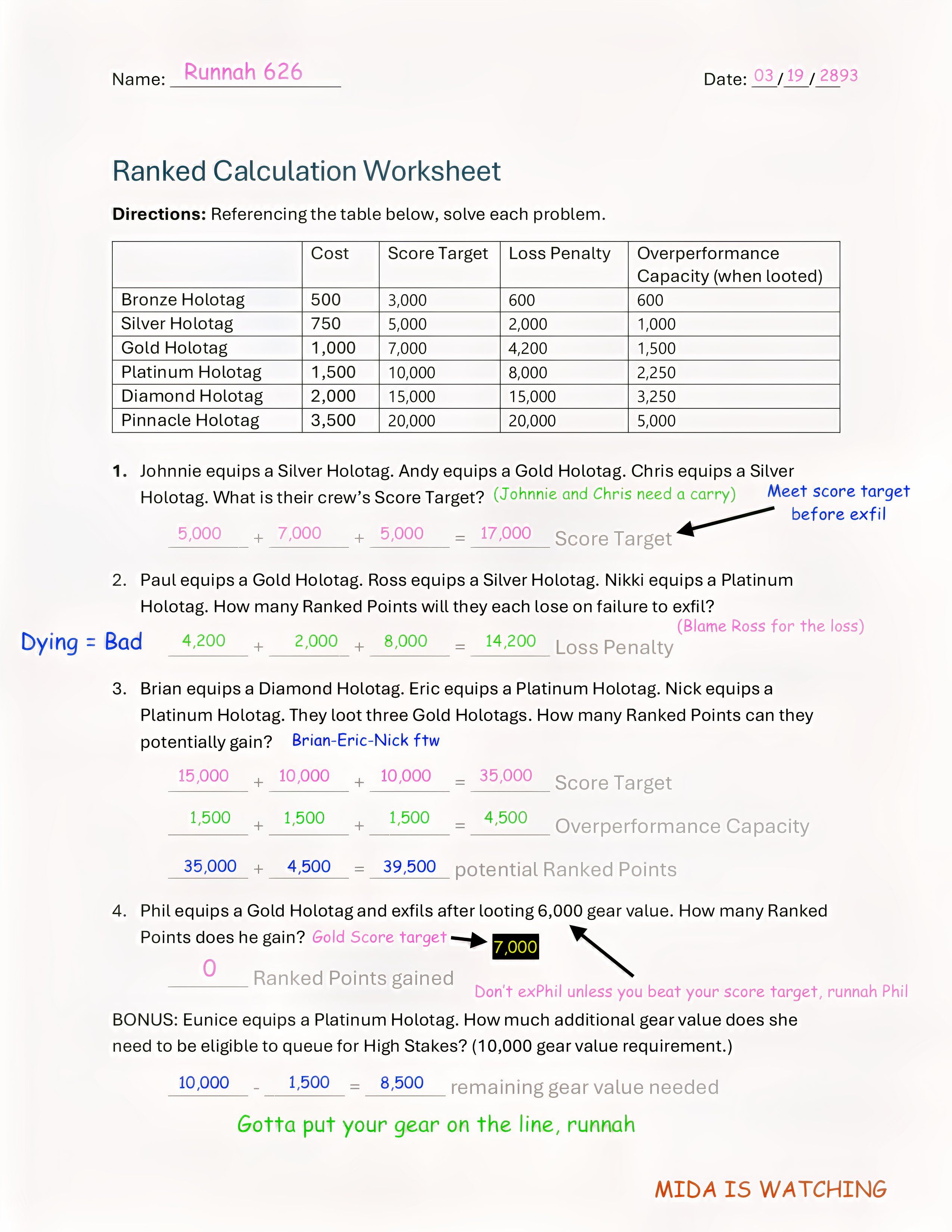 A detailed worksheet explaining the scoring and penalty mechanics of Marathon's ranked mode.