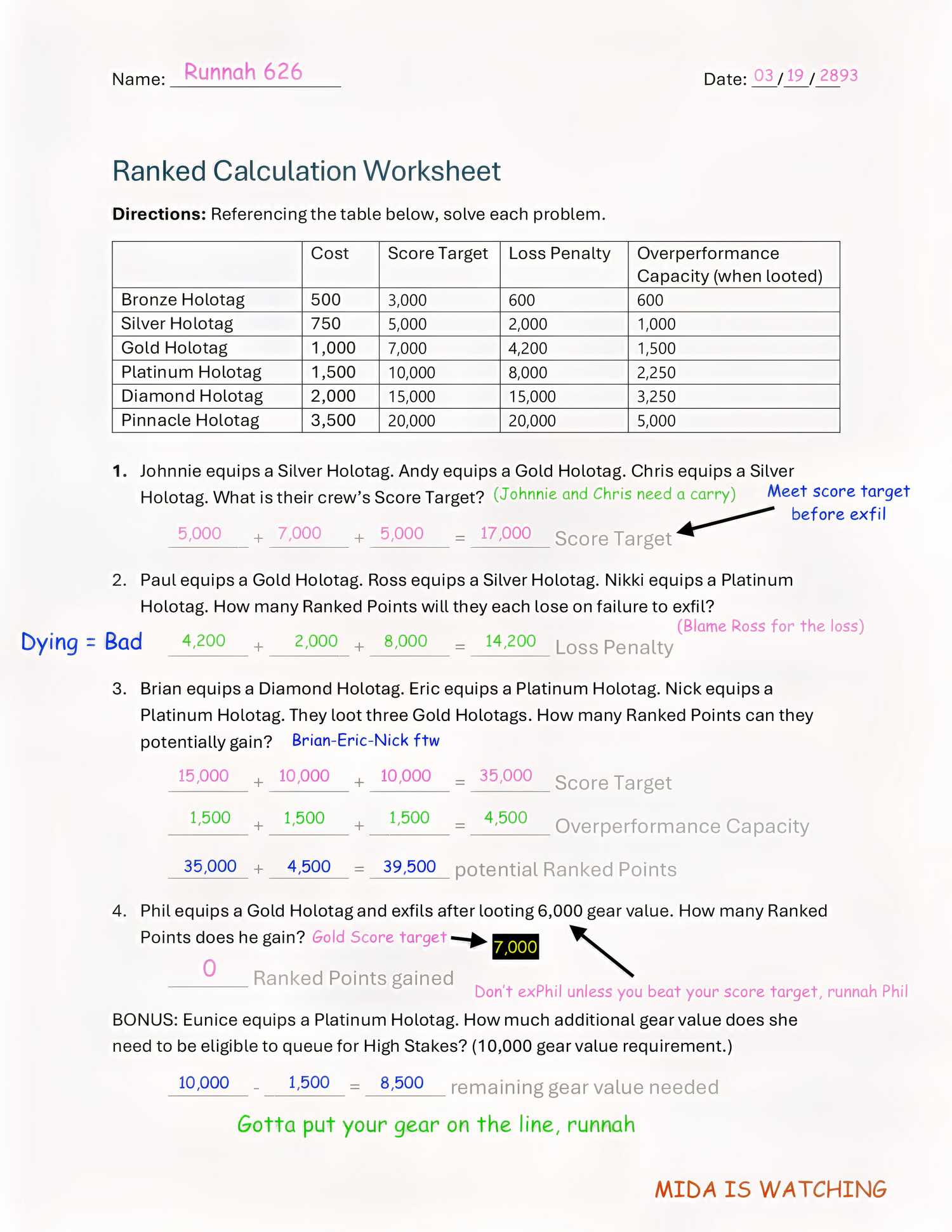 Worksheet that demonstrates how Marathon's competitive modes work