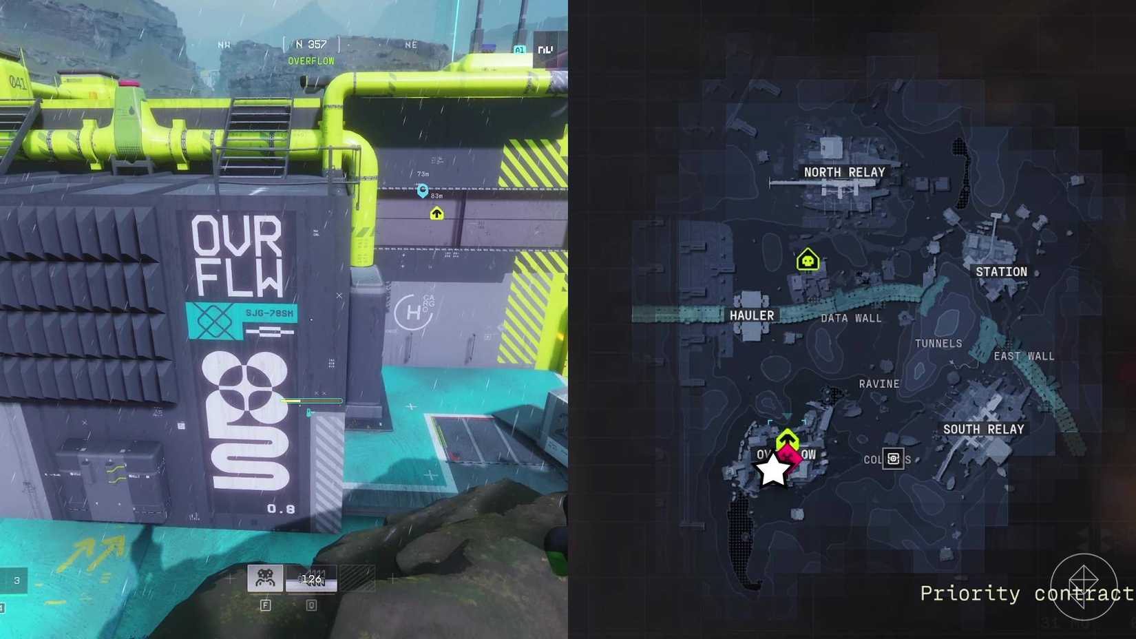 The left-hand side of the image shows the player in Marathon jumping on top of the Overflow building while the right-hand side shows the location of the botany report marked on the in-game map by a star icon.