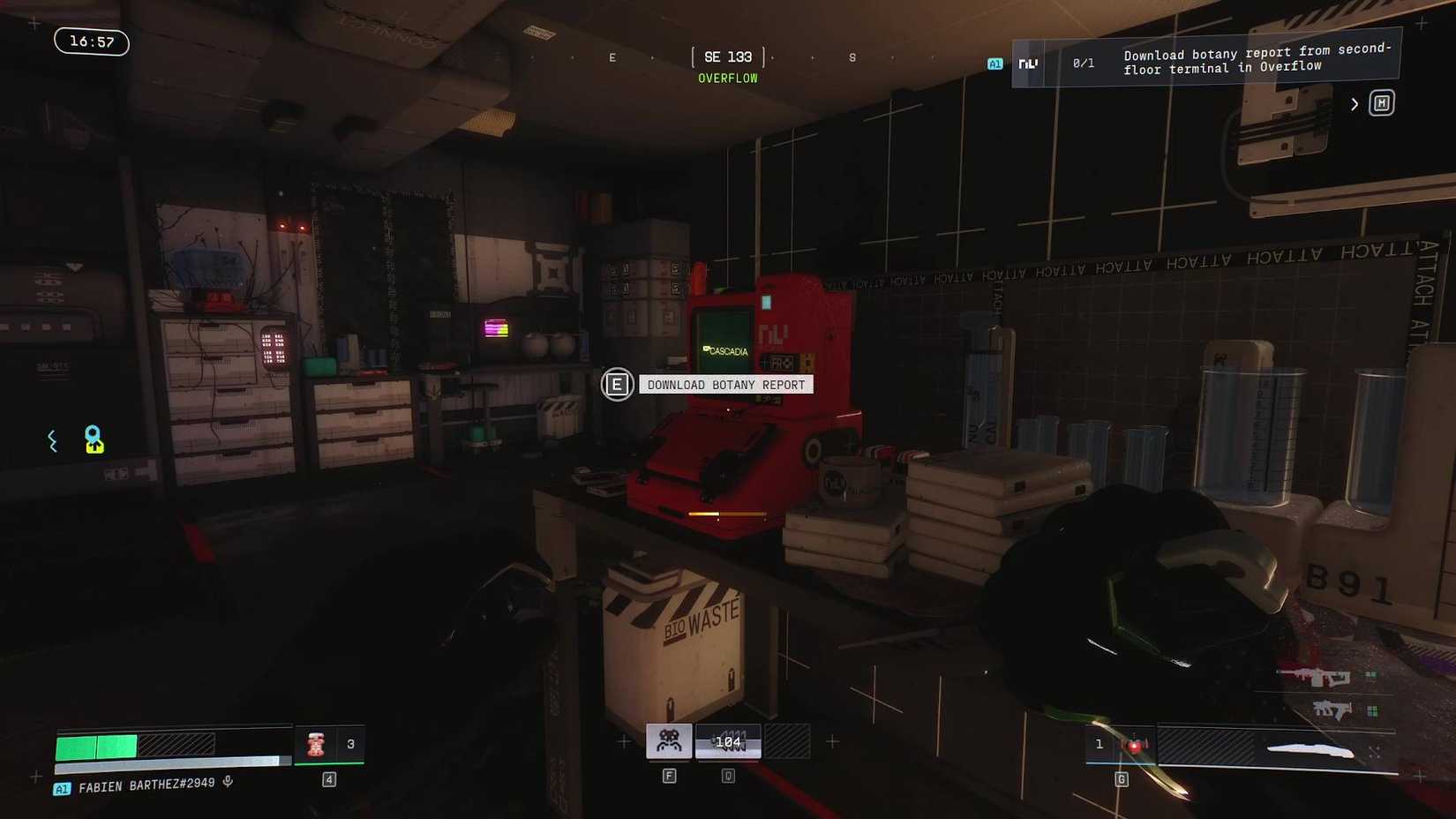 The player in Marathon standing in front of the terminal to download the botany report in Overflow.