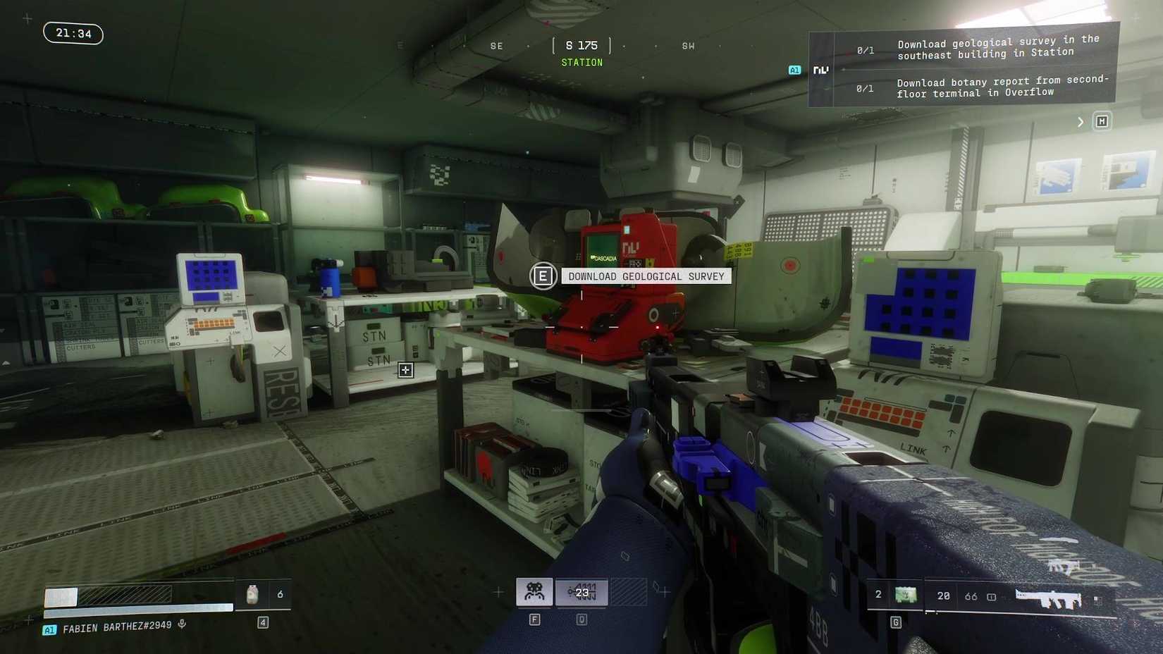 The player in Marathon in front of the terminal with the prompt to download the geological survey.