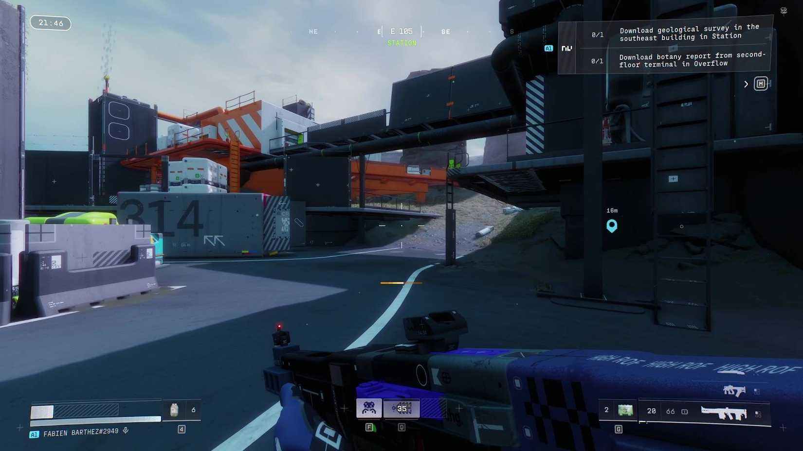 The player in Marathon at Station next to the ladder that climbs up to the geological survey location.