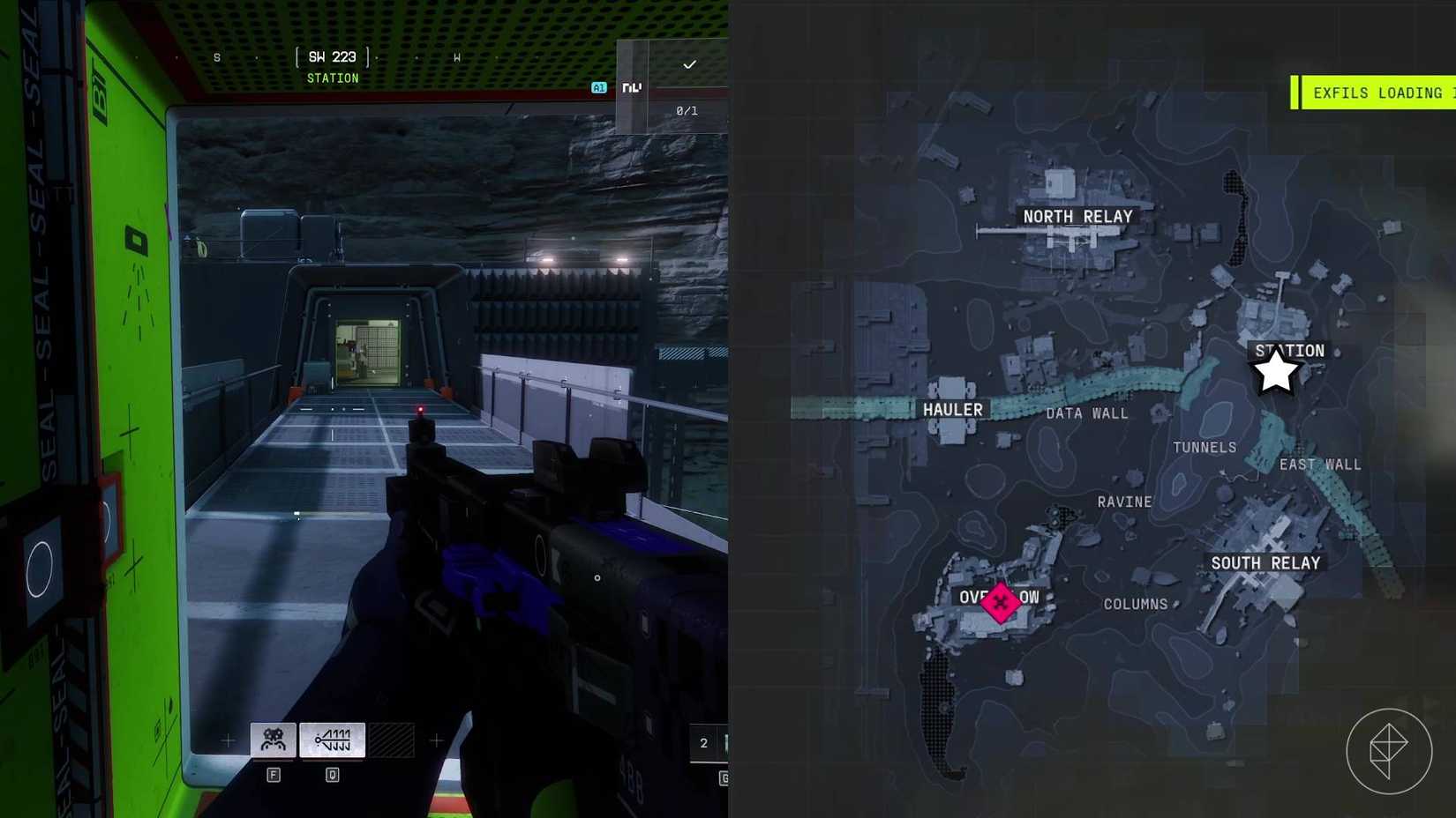 The left-hand side of the image is the player in Marathon looking across a walkway at the building the geological survey is inside in Station, while the right-hand side of the image shows the location highlighted on the in-game map by a star icon.