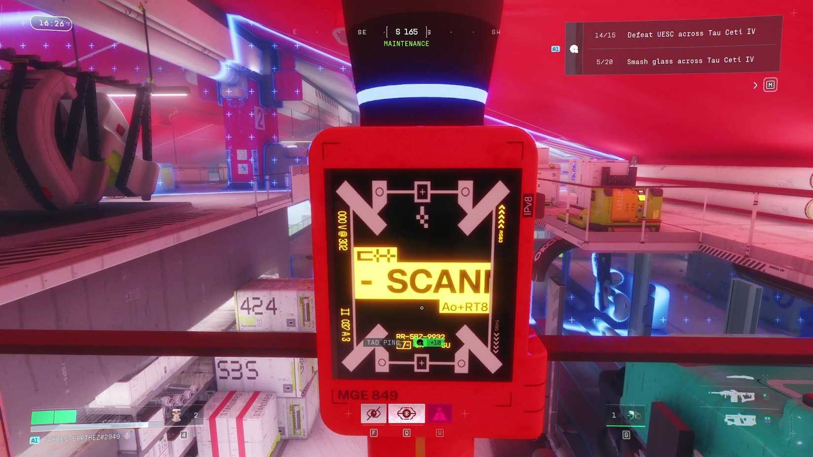 The TAD tablet showing the word "scanning" with the blue radar emitting in Marathon.