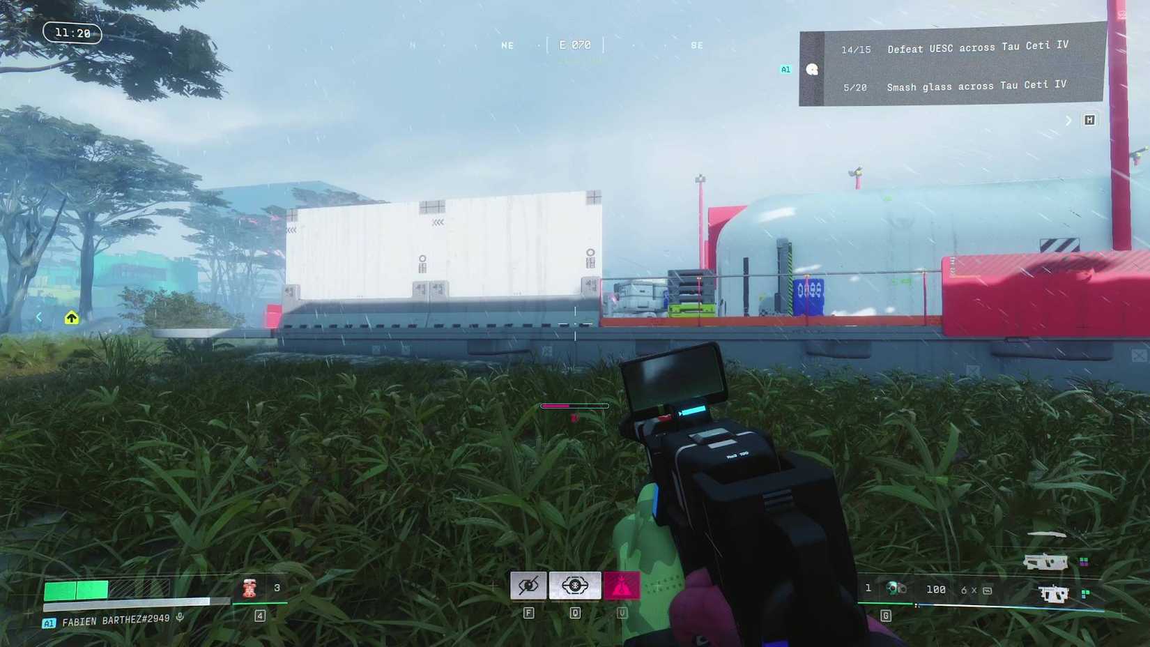 The player in Marathon crouching to dissipate heat quicker.