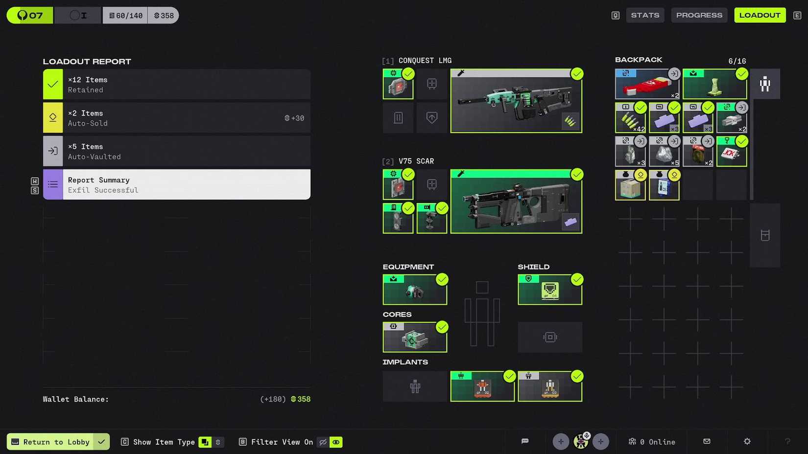 The inventory screen after a successful exfil in Marathon.