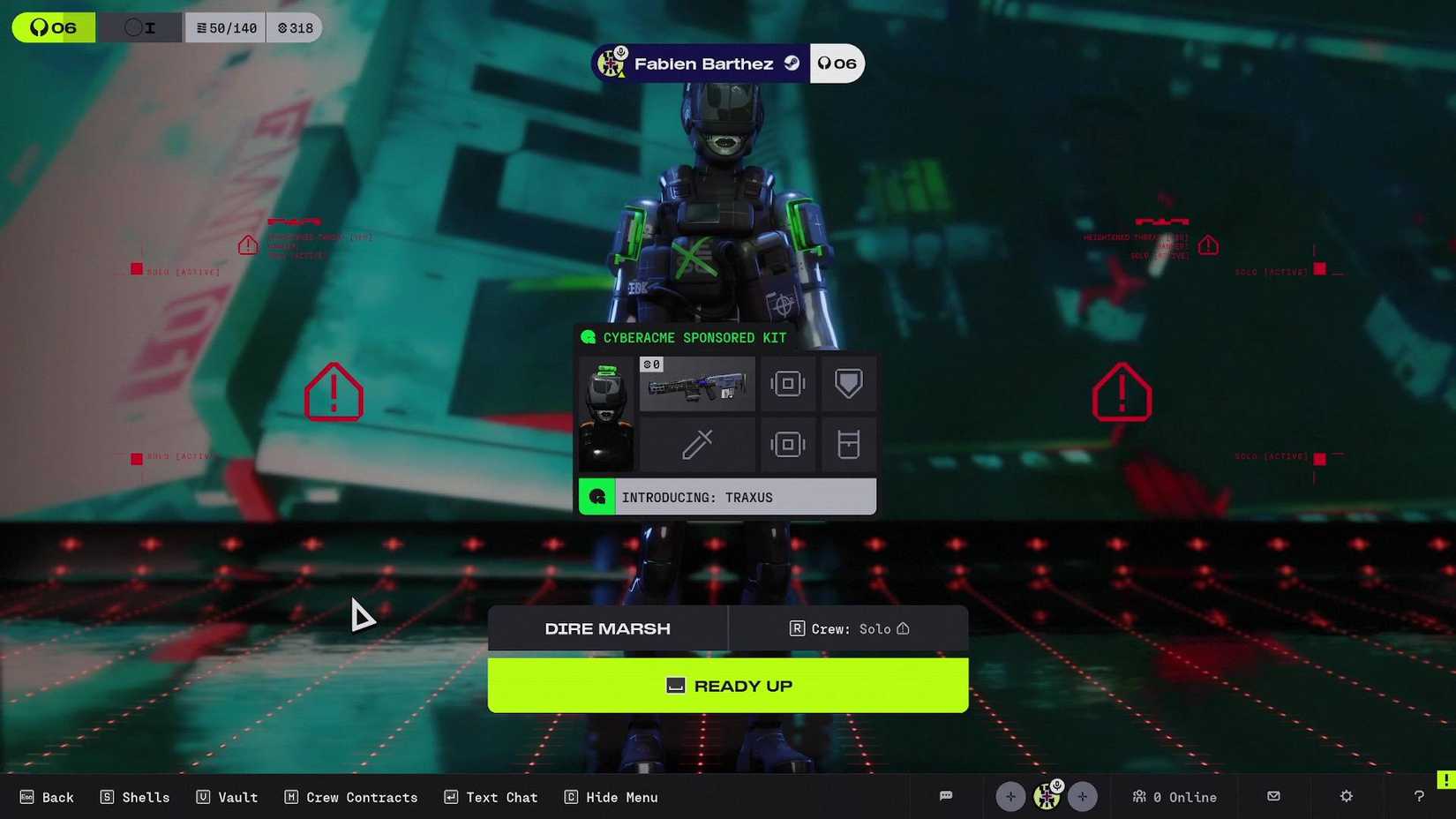 The player in Marathon about to load into a match with a sponsored kit.