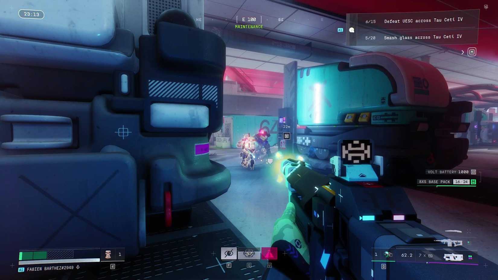 The player in Marathon shooting at UESC enemies.