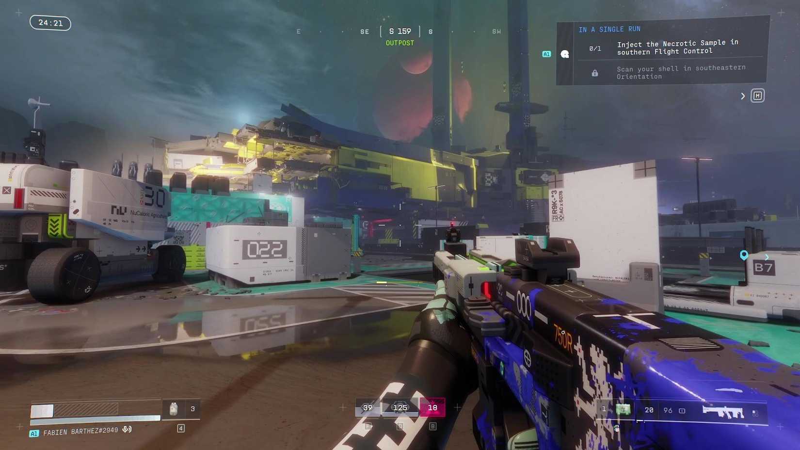 The player in Marathon standing on the Outpost map looking up at the sky.