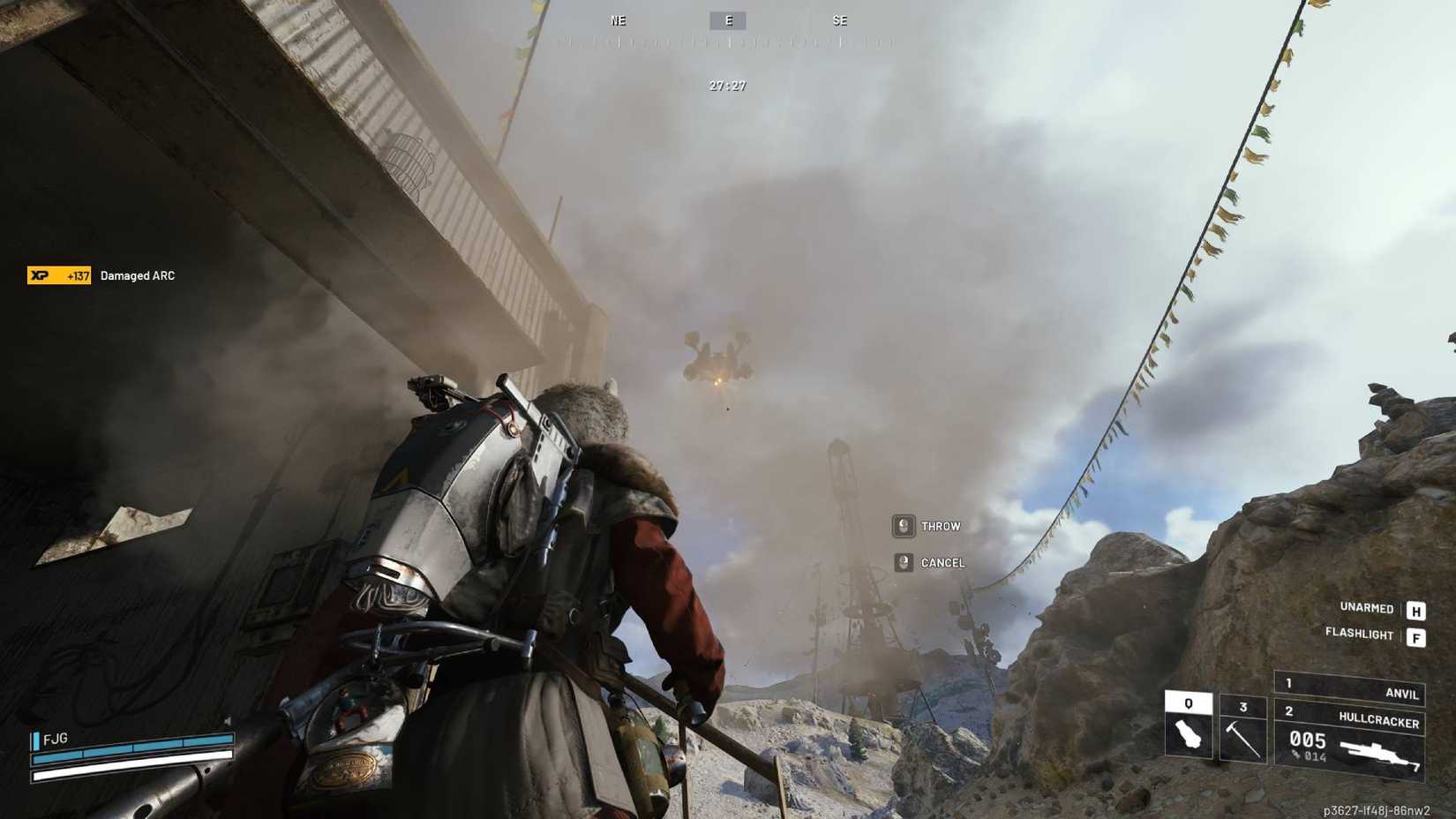 The player in Arc Raiders staring down a Rocketeer before it fires a missile.