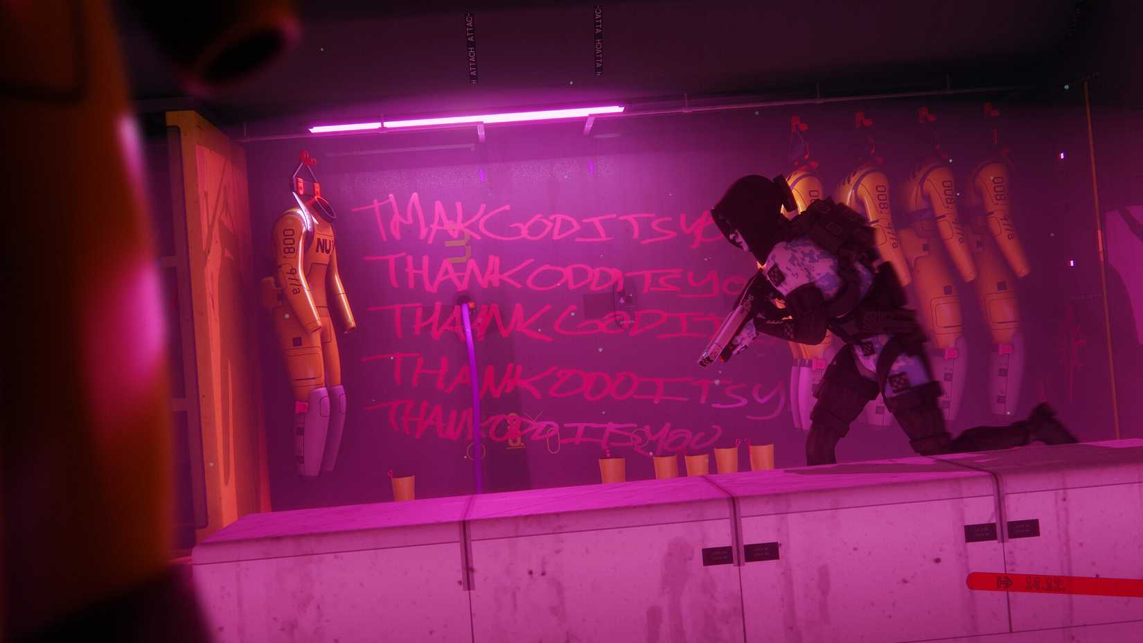 A Marathon runner runs through a pink lit area, the words "thank god it's you" are scrawled over and over on the wall in the background
