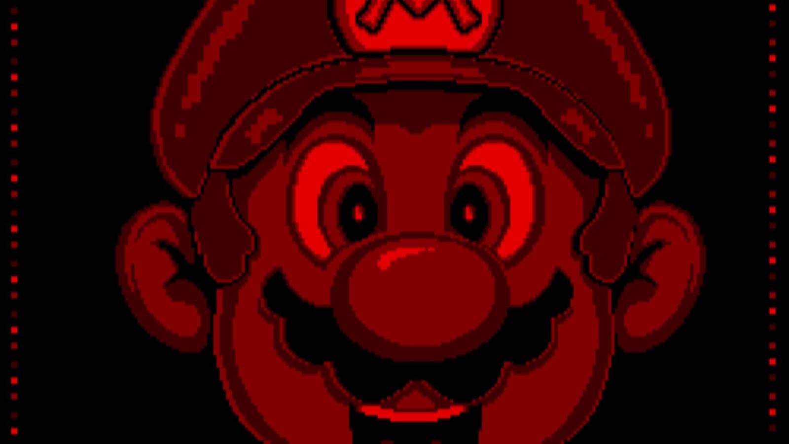 A red-and-black pixelated close up of Mario's face from the Virtual Boy game Mario Clash