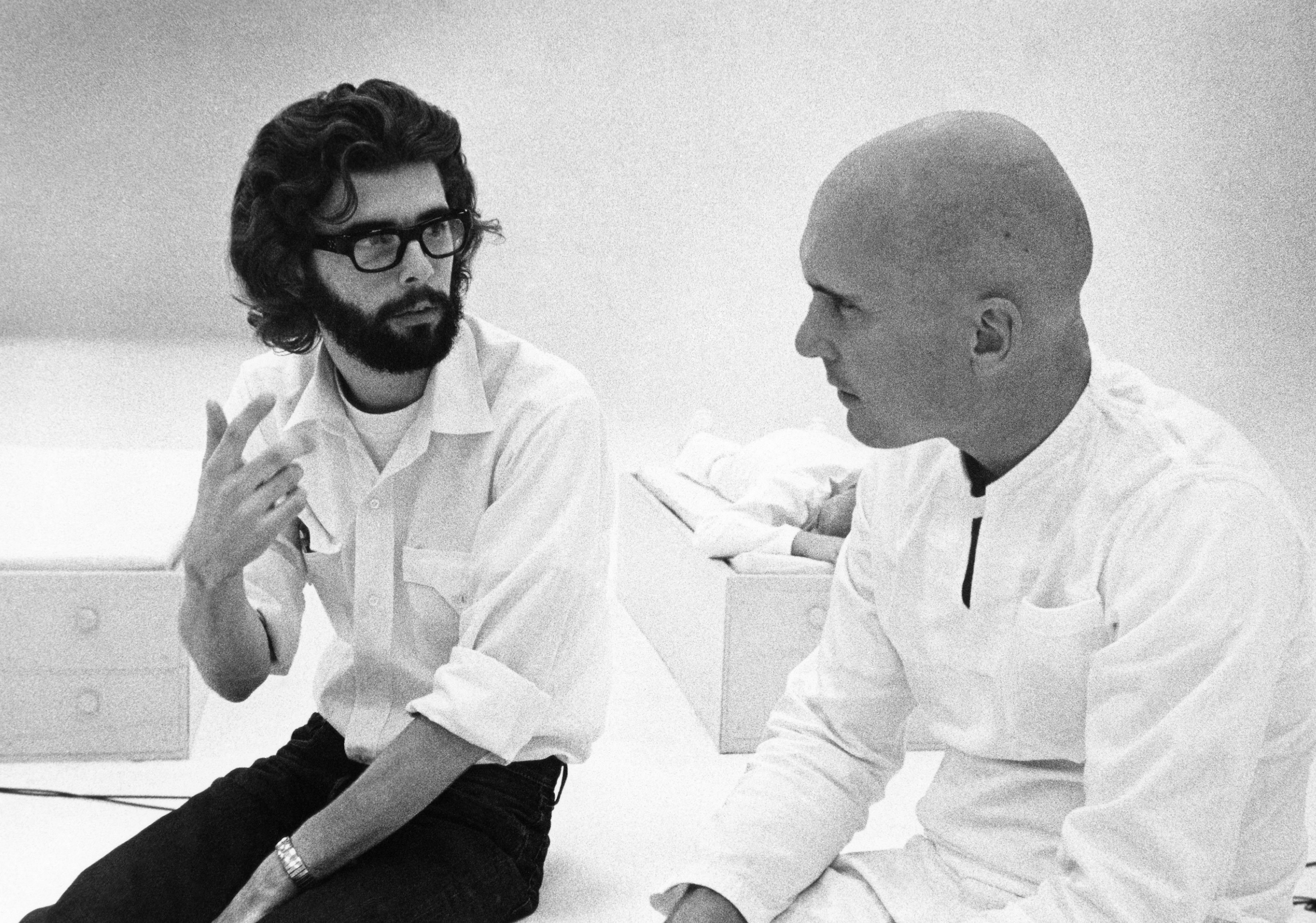 George Lucas talks with Robert Duvall on the set of THX 1138