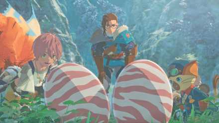 The main character in Monster Hunter Stories 3 looking at some eggs