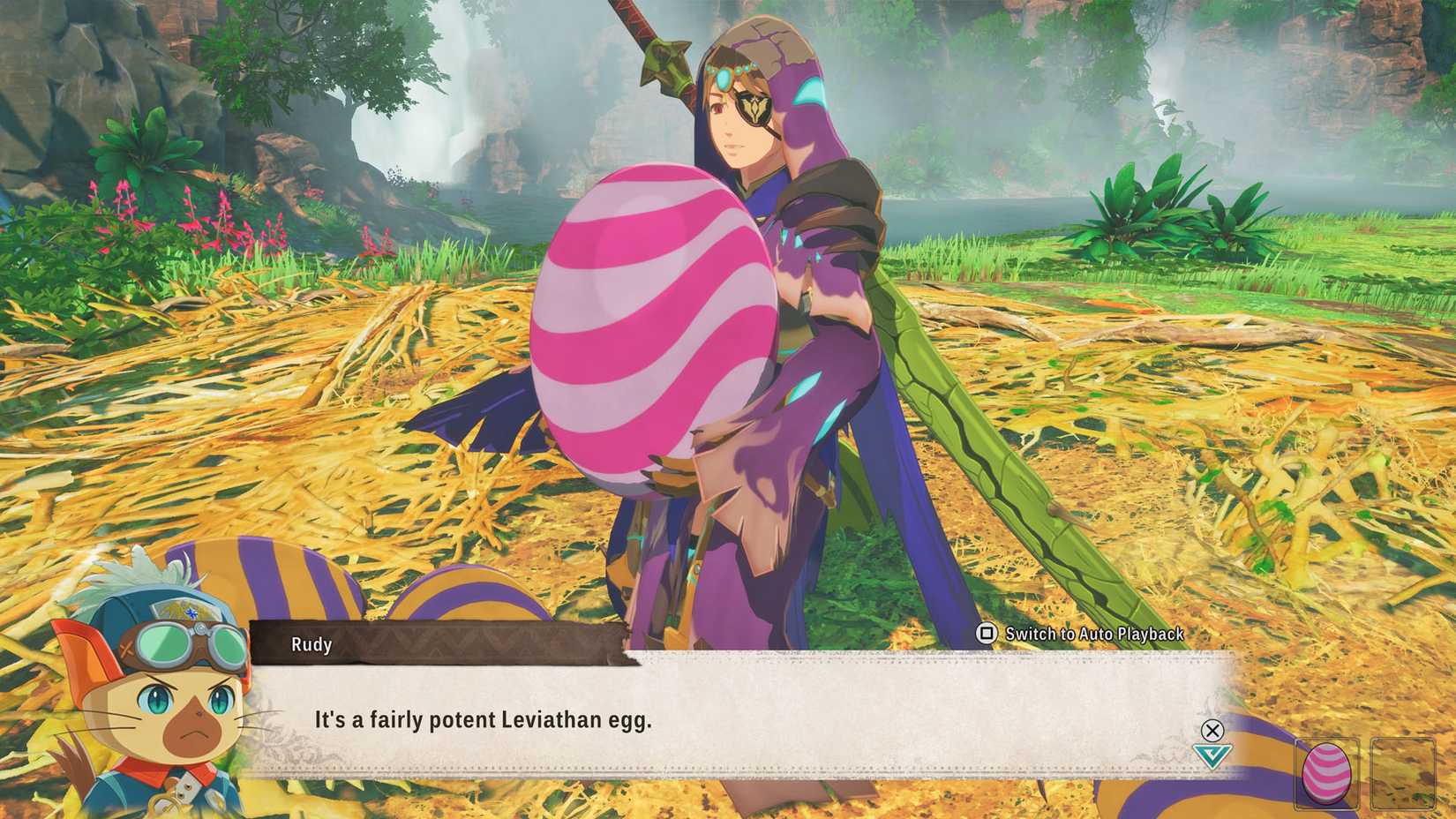 A Monster Hunter Stories 3 screenshot showing a character picking an egg