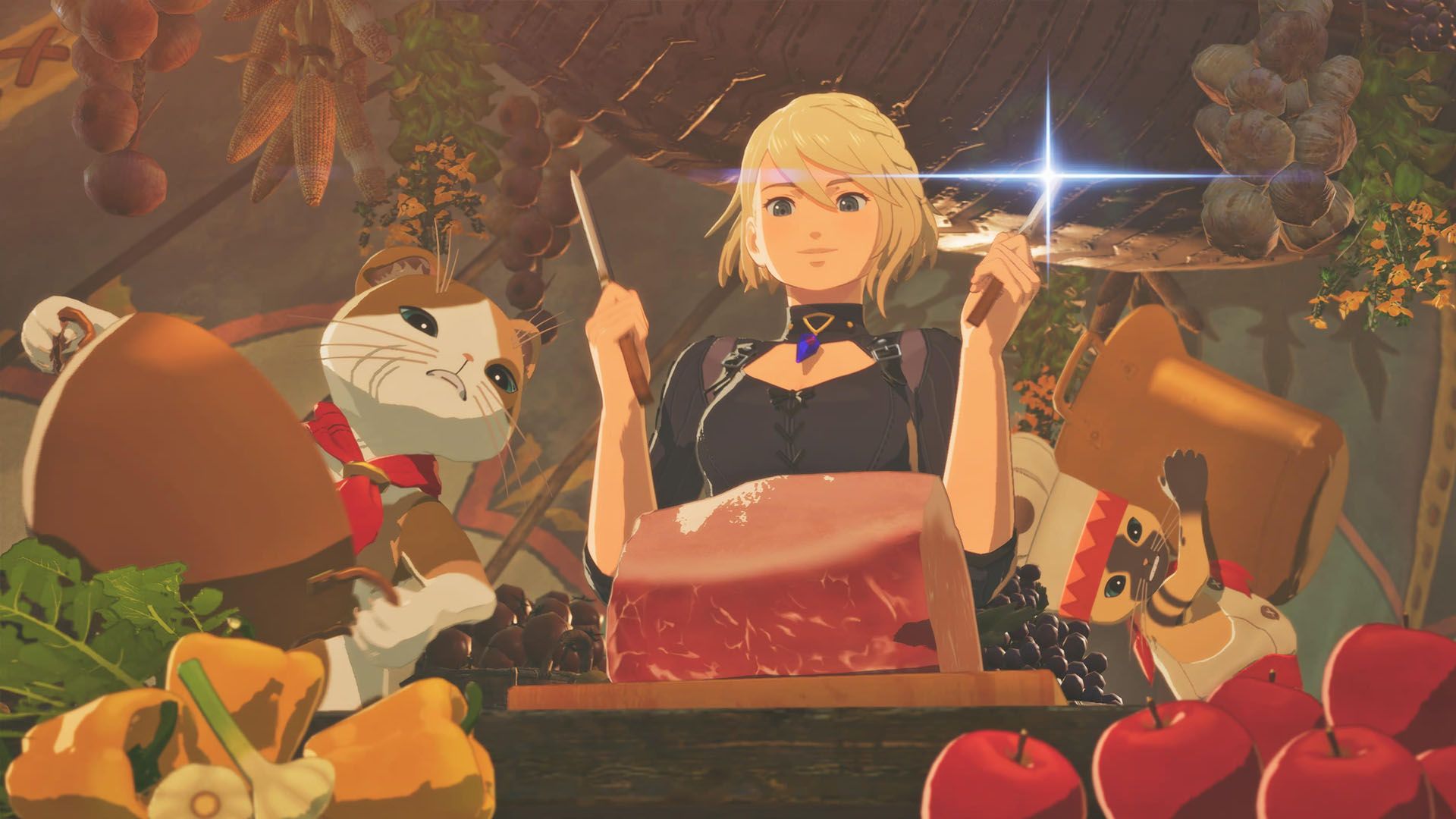A Monster Hunter Stories 3 screenshot showing Eleanor cooking
