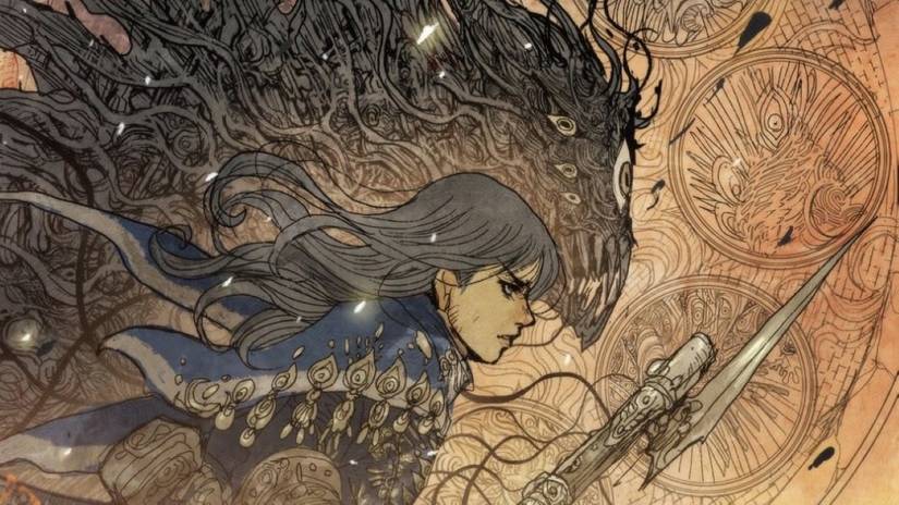 A young woman wielding a blade running next to a monster made entirely of black tentacles and eyes in an image from the Image Comics series Monstress