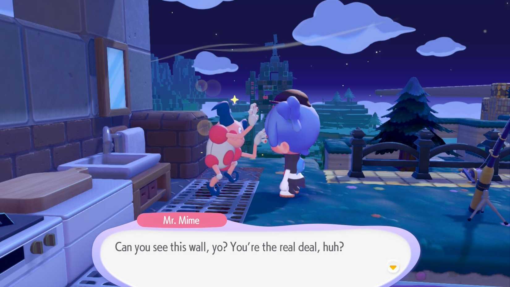 Mr. Mime engaging in dialogue with a player in Pokemon Pokopia.