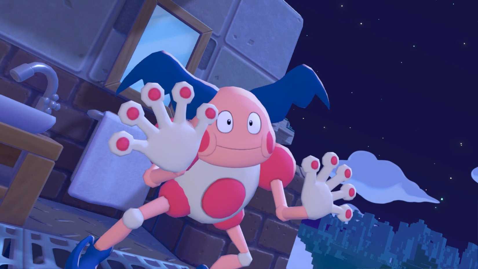 Mr. Mime pretends to touch a glass box in Pokemon Pokopia.