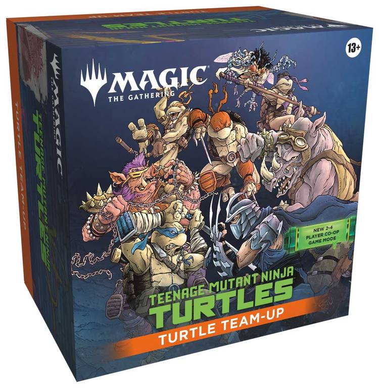 Bebop, Rocksteady, Shredder and Baxter fight the Teenage Mutant Ninja Turtles on the box of Teenage Mutant Ninja Turtles Turtle Team-Up