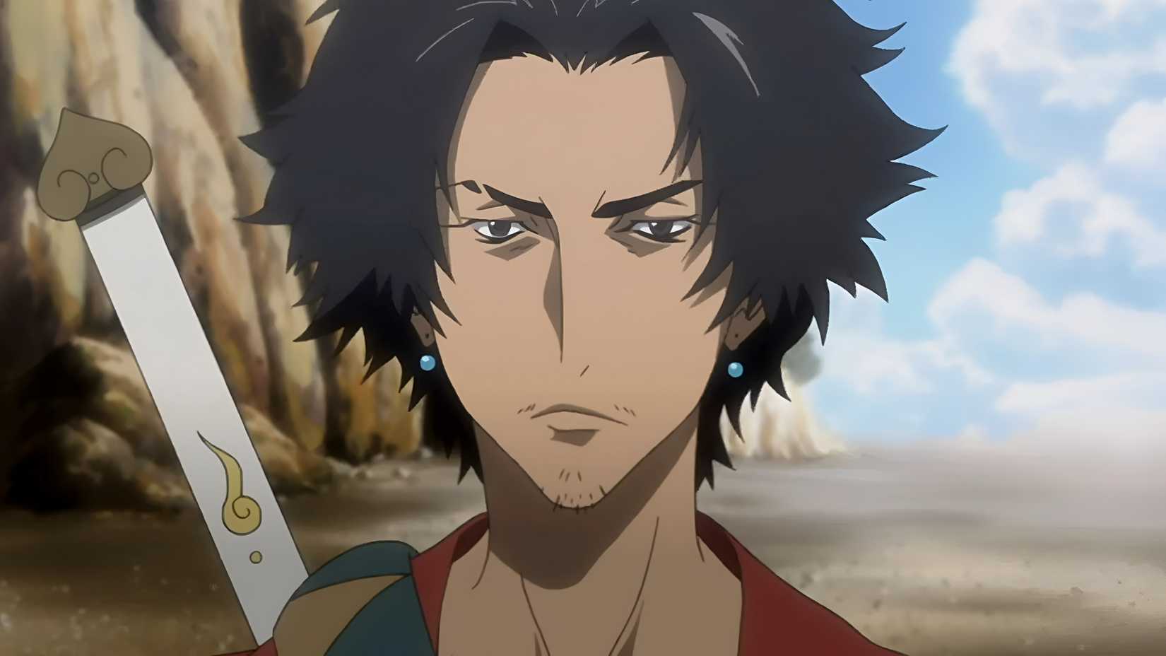 A black haired Samurai named Mugen looks straight ahead with a stoic expression in Samurai Champloo
